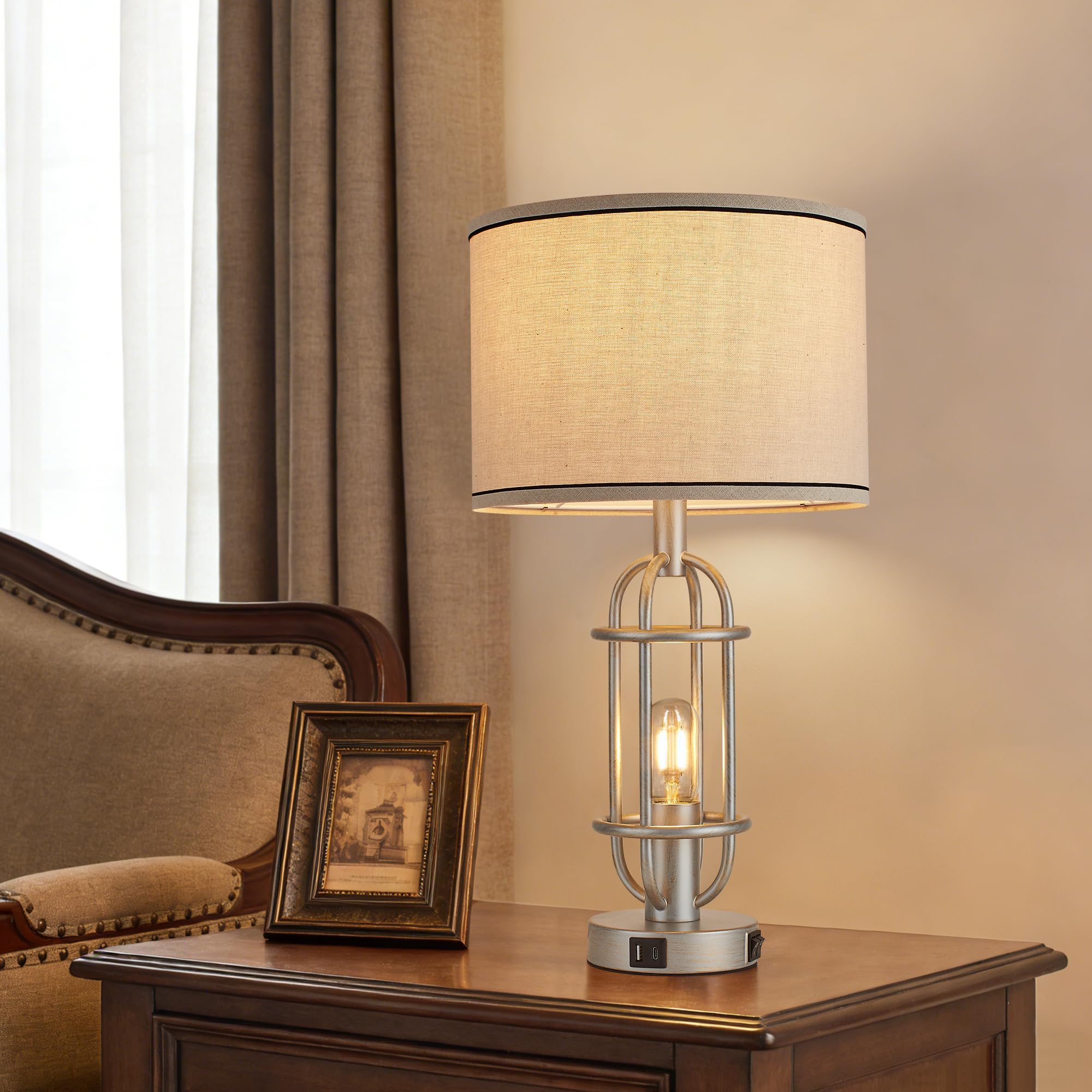 Black Table Lamps for Living Room Set of 2, 22.3" Farmhouse Lamps for Nightstand, Industrial Table Lamps for Bedroom with USB Ports, Bulbs Included