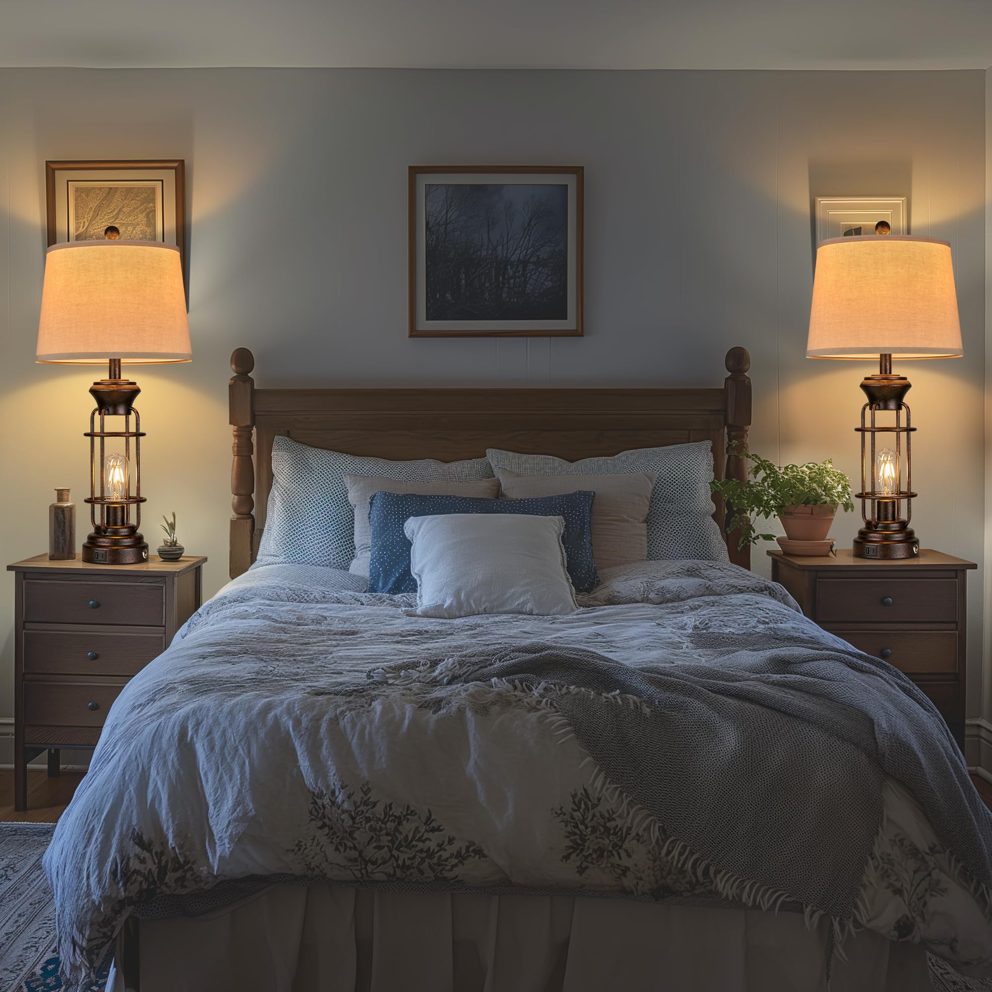 Black Table Lamps for Living Room Set of 2, 22.3" Farmhouse Lamps for Nightstand, Industrial Table Lamps for Bedroom with USB Ports, Bulbs Included