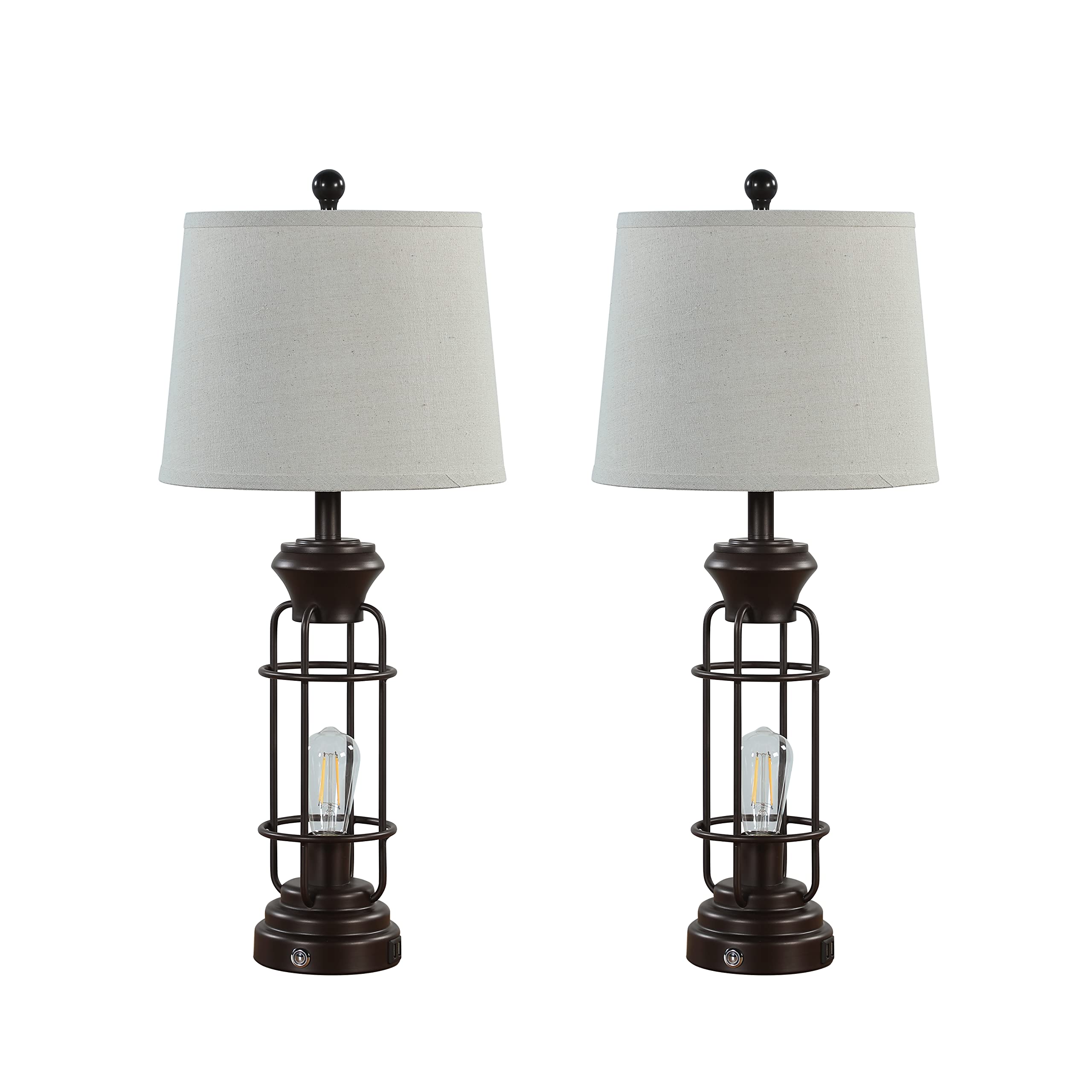 Black Table Lamps for Living Room Set of 2, 22.3" Farmhouse Lamps for Nightstand, Industrial Table Lamps for Bedroom with USB Ports, Bulbs Included