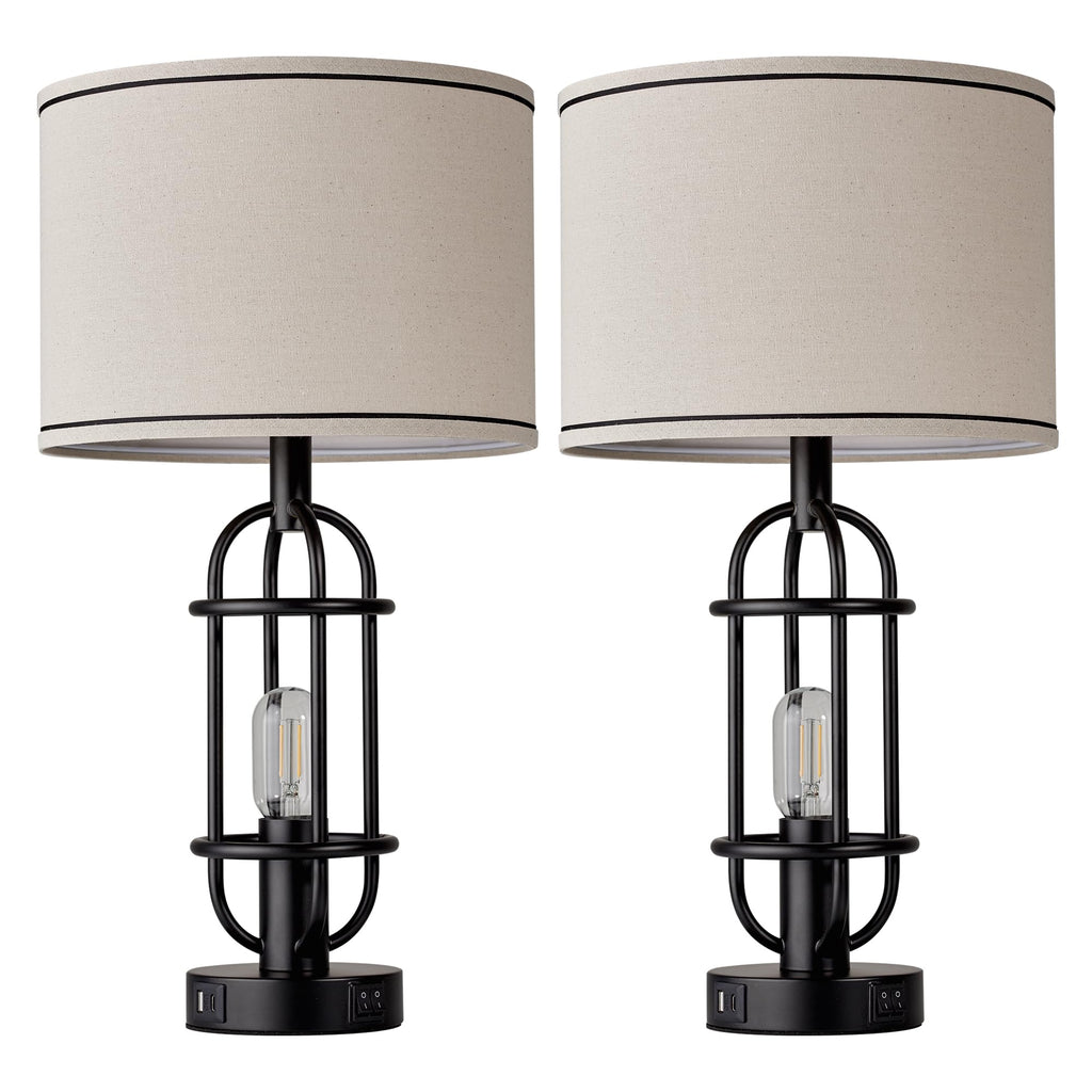 Black Table Lamps for Living Room Set of 2, 22.3" Farmhouse Lamps for Nightstand, Industrial Table Lamps for Bedroom with USB Ports, Bulbs Included