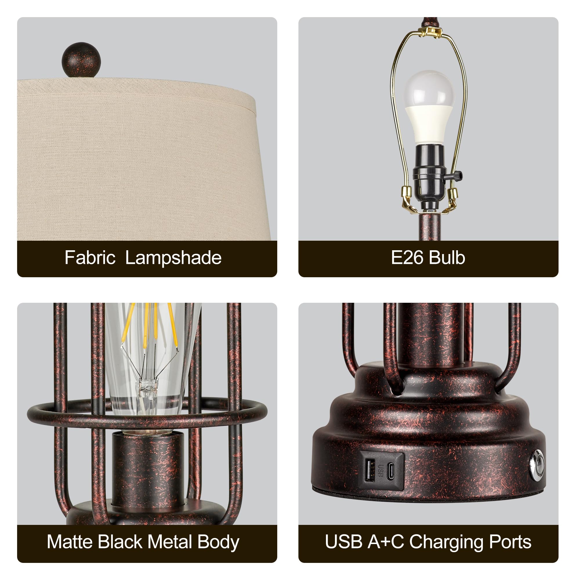 Black Table Lamps for Living Room Set of 2, 22.3" Farmhouse Lamps for Nightstand, Industrial Table Lamps for Bedroom with USB Ports, Bulbs Included