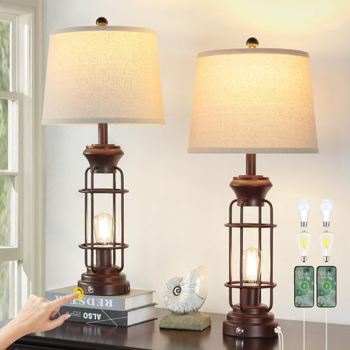 Black Table Lamps for Living Room Set of 2, 22.3" Farmhouse Lamps for Nightstand, Industrial Table Lamps for Bedroom with USB Ports, Bulbs Included