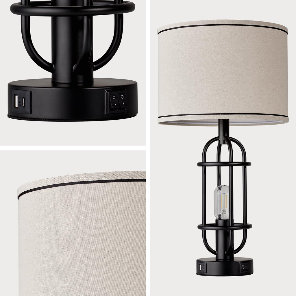 Black Table Lamps for Living Room Set of 2, 22.3" Farmhouse Lamps for Nightstand, Industrial Table Lamps for Bedroom with USB Ports, Bulbs Included