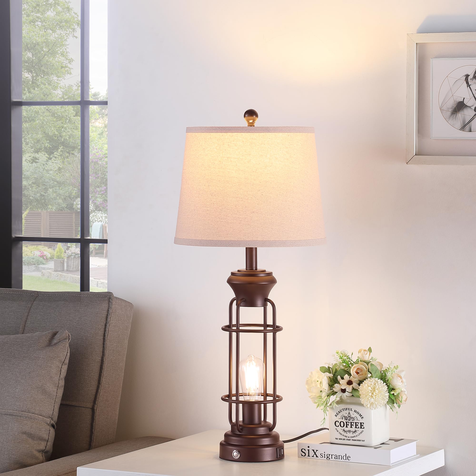 Black Table Lamps for Living Room Set of 2, 22.3" Farmhouse Lamps for Nightstand, Industrial Table Lamps for Bedroom with USB Ports, Bulbs Included