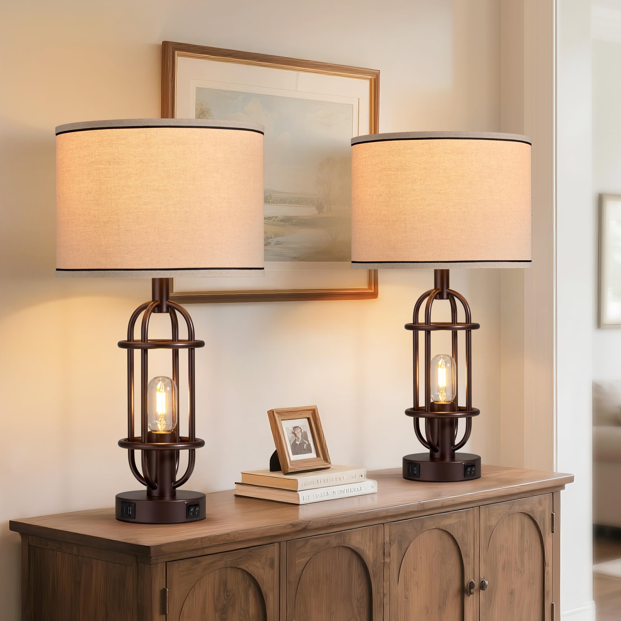 Black Table Lamps for Living Room Set of 2, 22.3" Farmhouse Lamps for Nightstand, Industrial Table Lamps for Bedroom with USB Ports, Bulbs Included