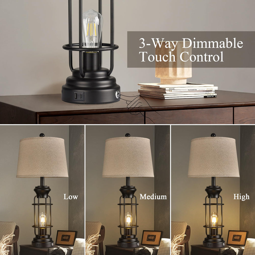 Black Table Lamps for Living Room Set of 2, 22.3" Farmhouse Lamps for Nightstand, Industrial Table Lamps for Bedroom with USB Ports, Bulbs Included