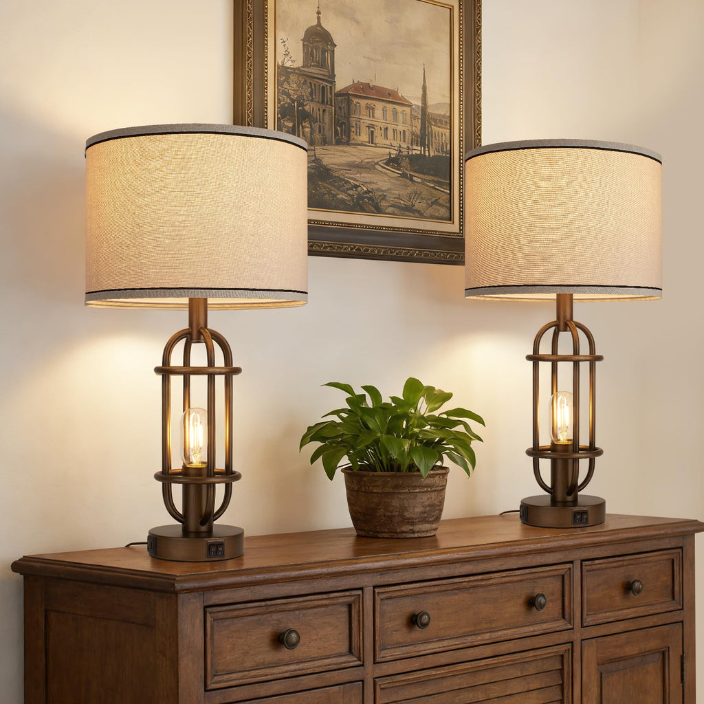 Black Table Lamps for Living Room Set of 2, 22.3" Farmhouse Lamps for Nightstand, Industrial Table Lamps for Bedroom with USB Ports, Bulbs Included