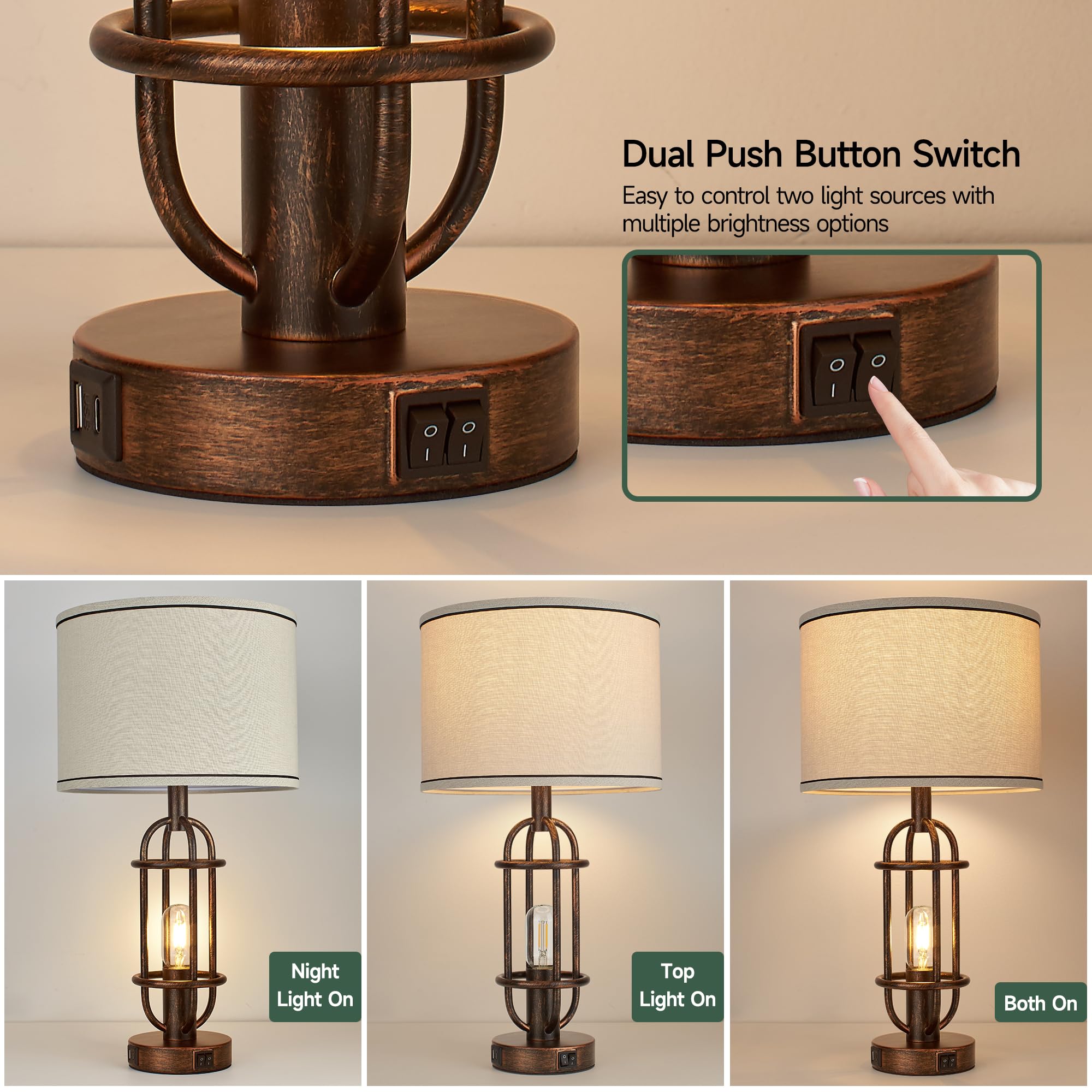 Black Table Lamps for Living Room Set of 2, 22.3" Farmhouse Lamps for Nightstand, Industrial Table Lamps for Bedroom with USB Ports, Bulbs Included