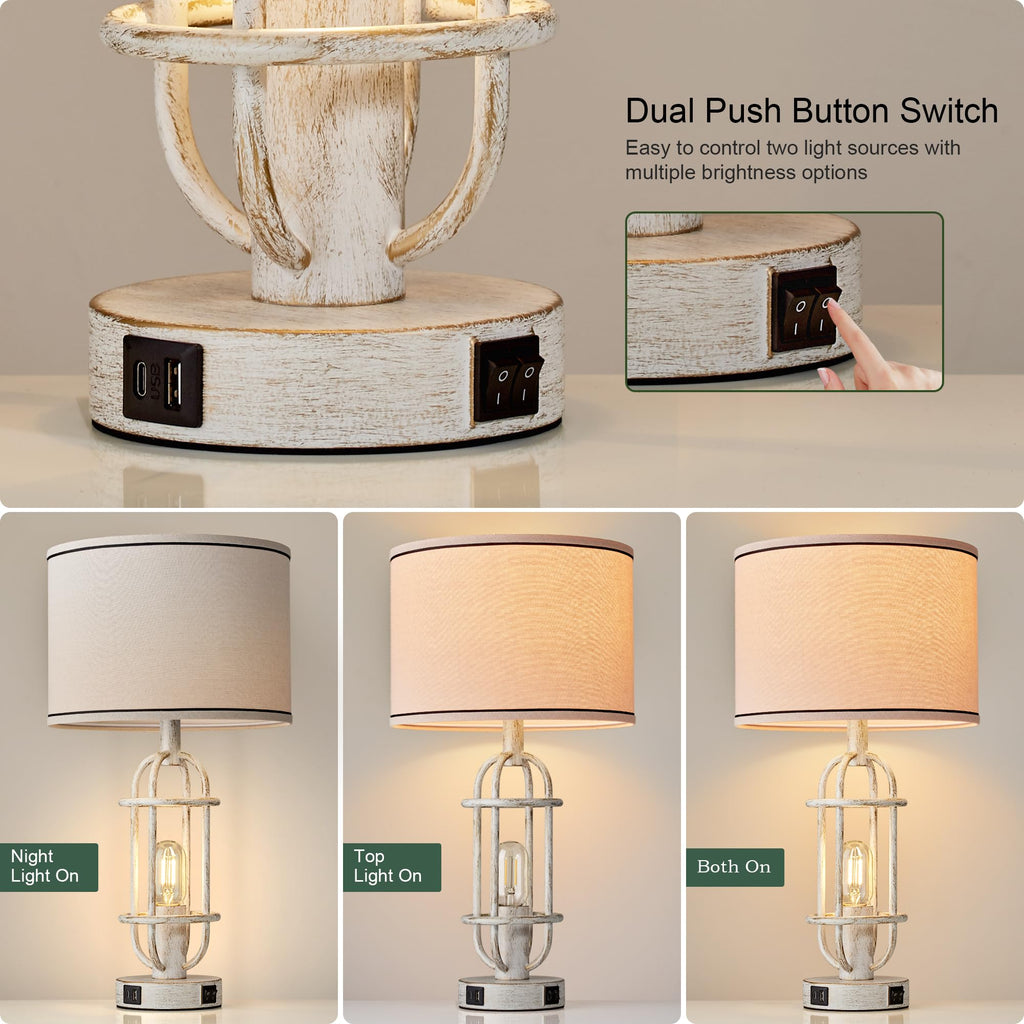 Black Table Lamps for Living Room Set of 2, 22.3" Farmhouse Lamps for Nightstand, Industrial Table Lamps for Bedroom with USB Ports, Bulbs Included