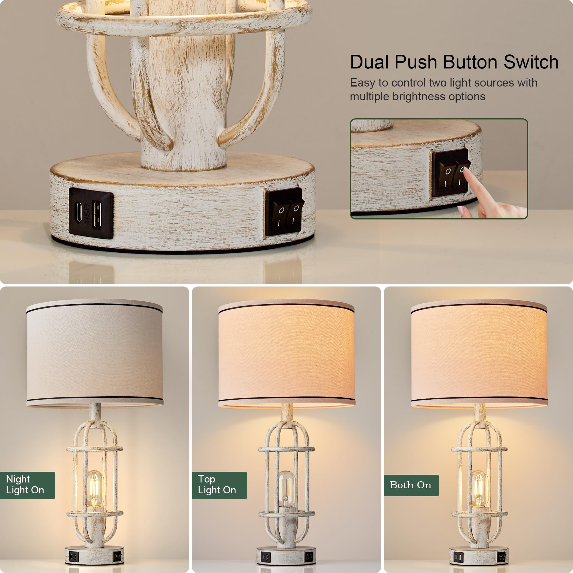 Black Table Lamps for Living Room Set of 2, 22.3" Farmhouse Lamps for Nightstand, Industrial Table Lamps for Bedroom with USB Ports, Bulbs Included