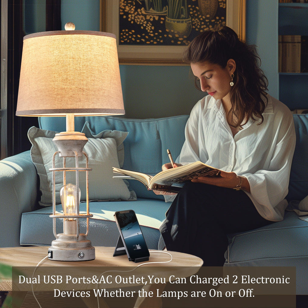 Black Table Lamps for Living Room Set of 2, 22.3" Farmhouse Lamps for Nightstand, Industrial Table Lamps for Bedroom with USB Ports, Bulbs Included