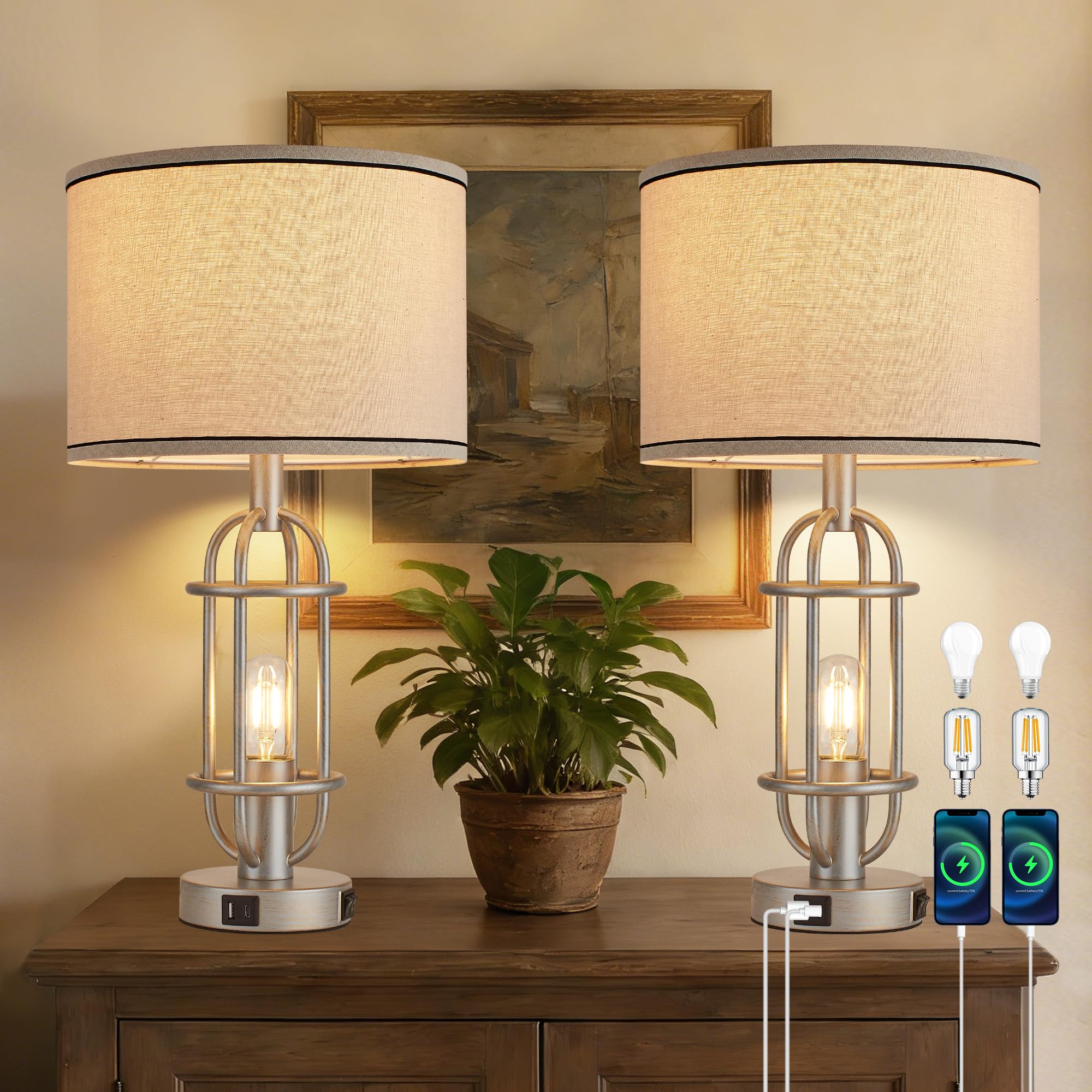 Black Table Lamps for Living Room Set of 2, 22.3" Farmhouse Lamps for Nightstand, Industrial Table Lamps for Bedroom with USB Ports, Bulbs Included