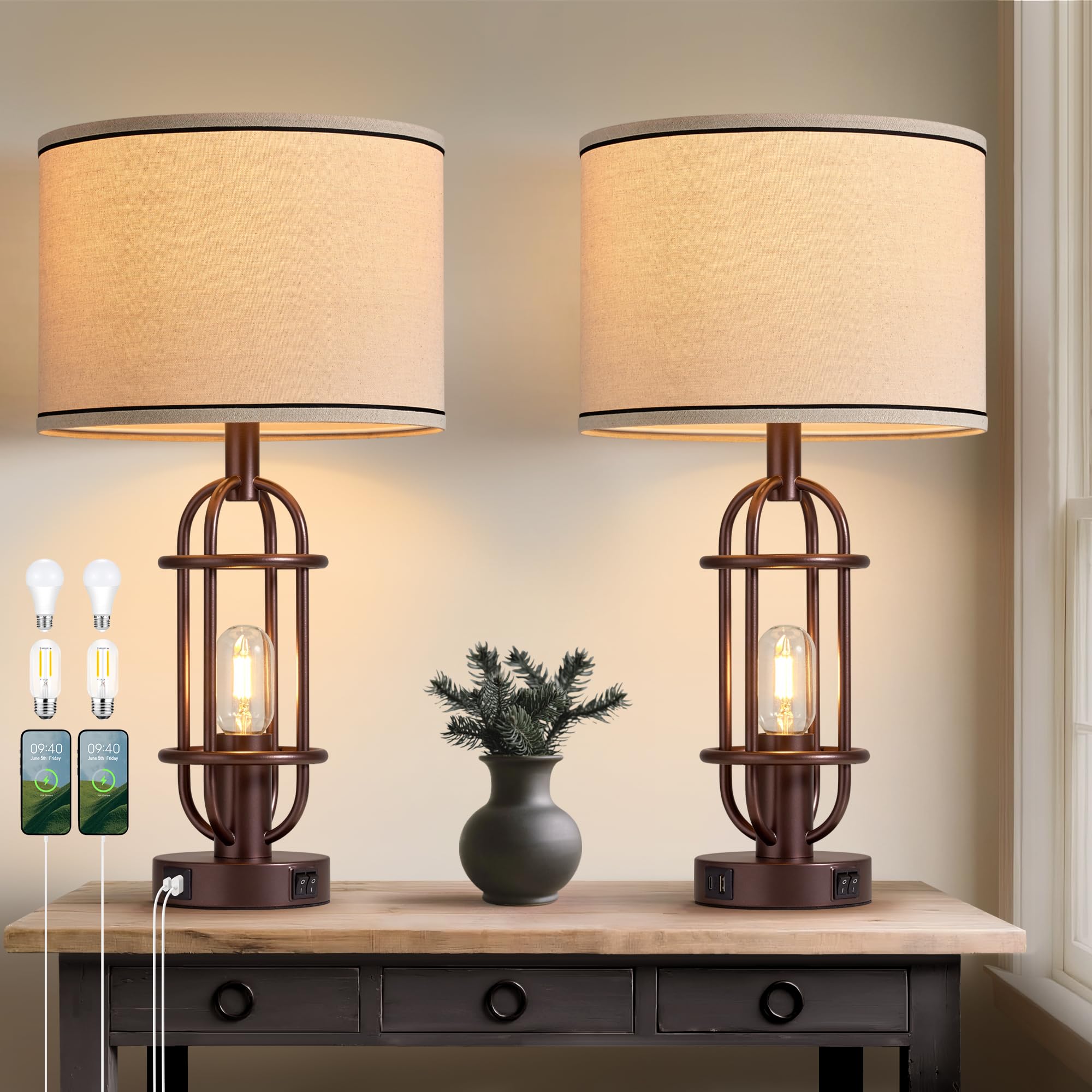 Black Table Lamps for Living Room Set of 2, 22.3" Farmhouse Lamps for Nightstand, Industrial Table Lamps for Bedroom with USB Ports, Bulbs Included