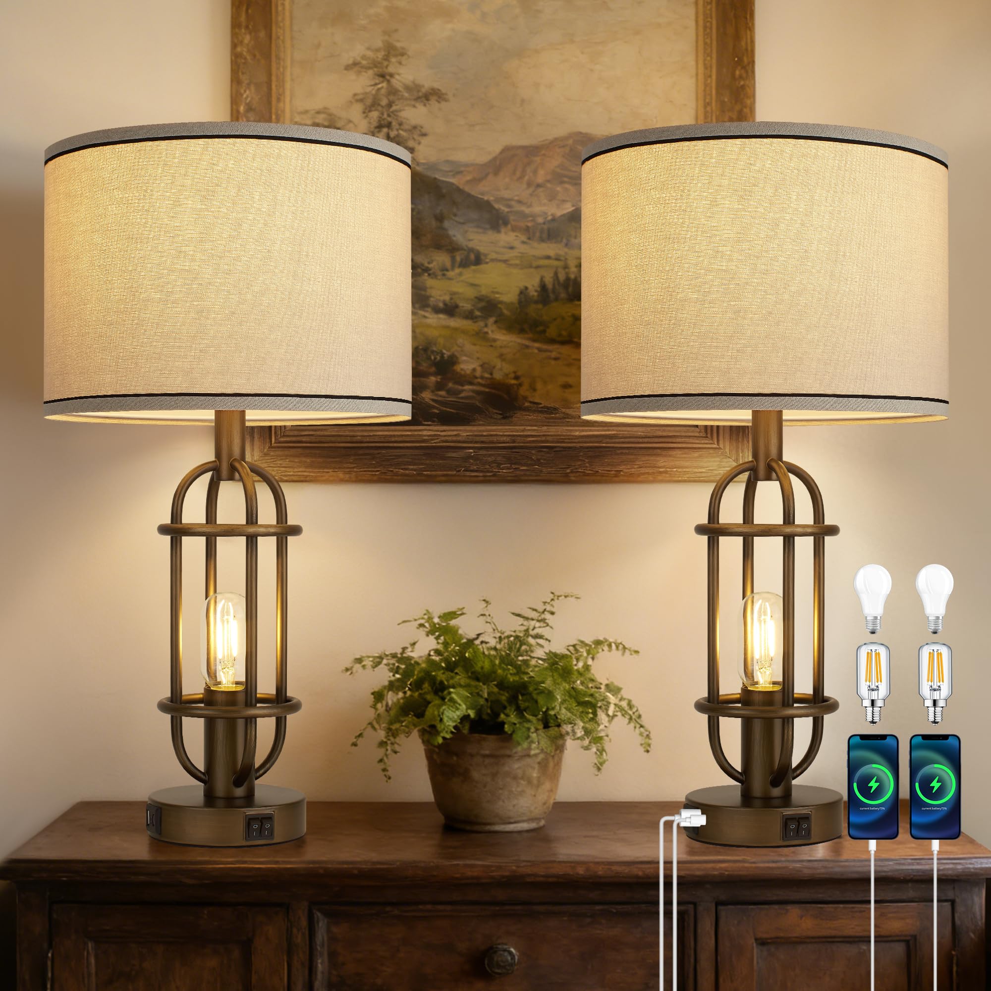 Black Table Lamps for Living Room Set of 2, 22.3" Farmhouse Lamps for Nightstand, Industrial Table Lamps for Bedroom with USB Ports, Bulbs Included
