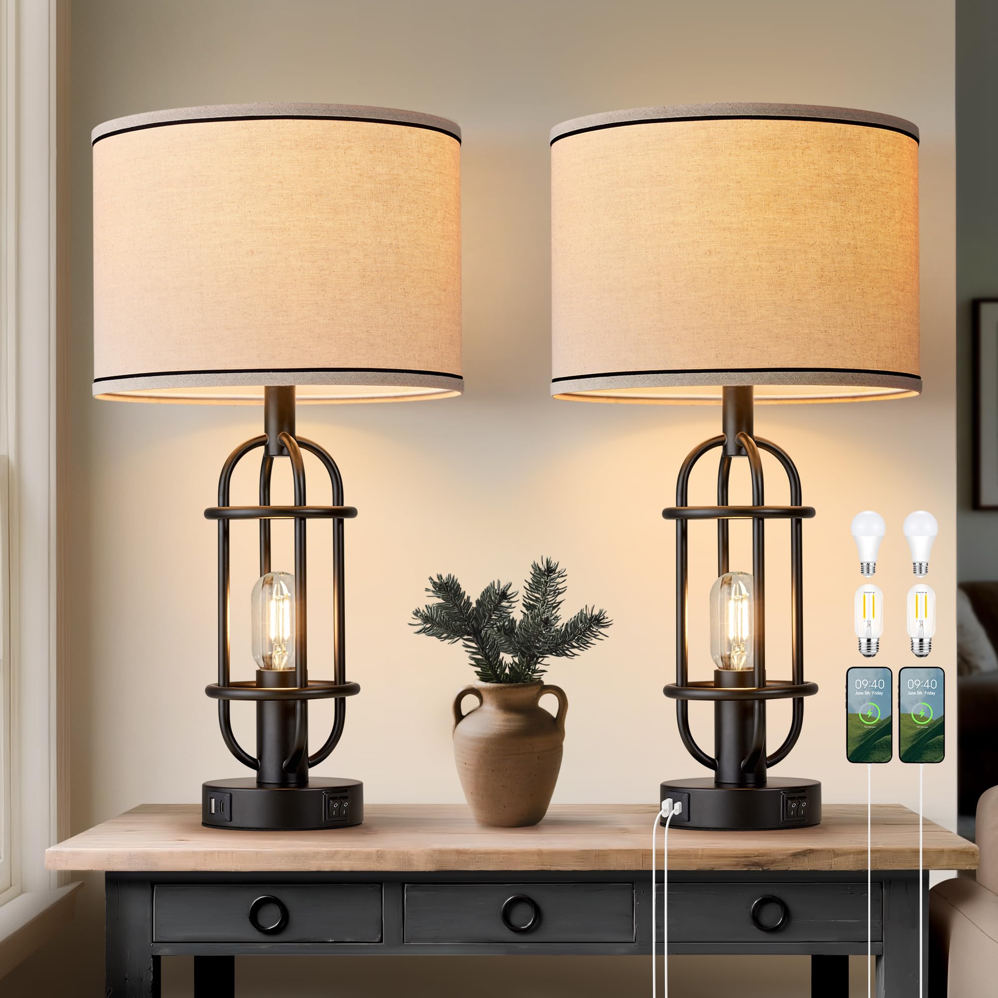 Black Table Lamps for Living Room Set of 2, 22.3" Farmhouse Lamps for Nightstand, Industrial Table Lamps for Bedroom with USB Ports, Bulbs Included