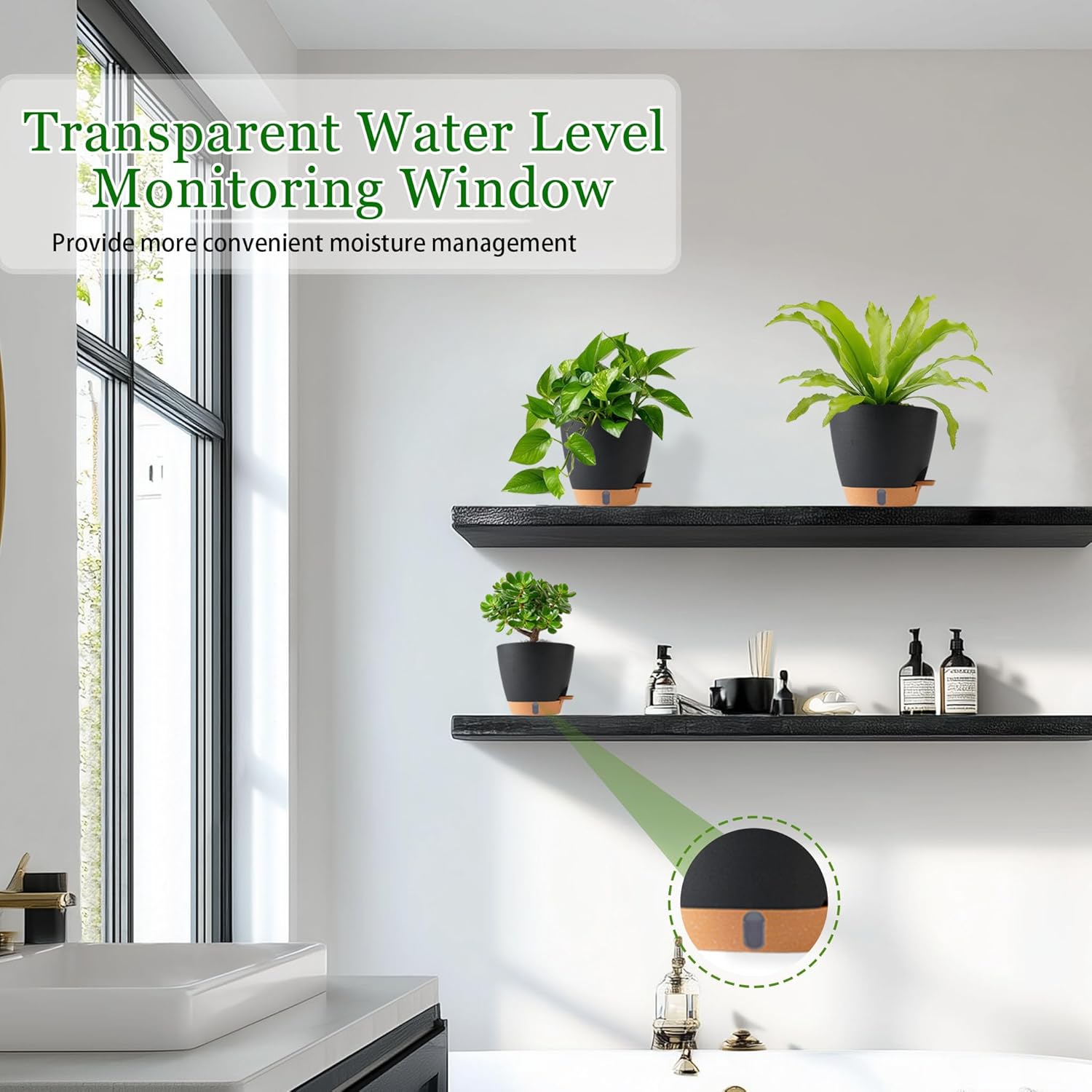 Self Watering Pots for Inoor Ourdoor Plants 8/7/6.5/6/5 Inch Plastic Planters with Drainage Holes & Water Level Indicator, Decorative House Flower Nursery Planting Pots with Saucers (Black)