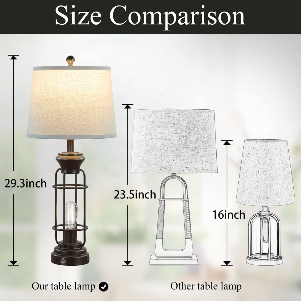 Black Table Lamps for Living Room Set of 2, 22.3" Farmhouse Lamps for Nightstand, Industrial Table Lamps for Bedroom with USB Ports, Bulbs Included
