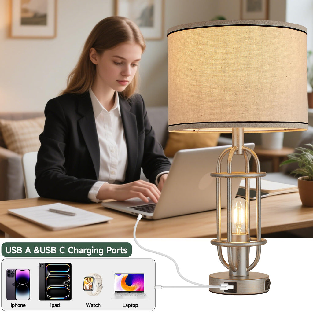 Black Table Lamps for Living Room Set of 2, 22.3" Farmhouse Lamps for Nightstand, Industrial Table Lamps for Bedroom with USB Ports, Bulbs Included