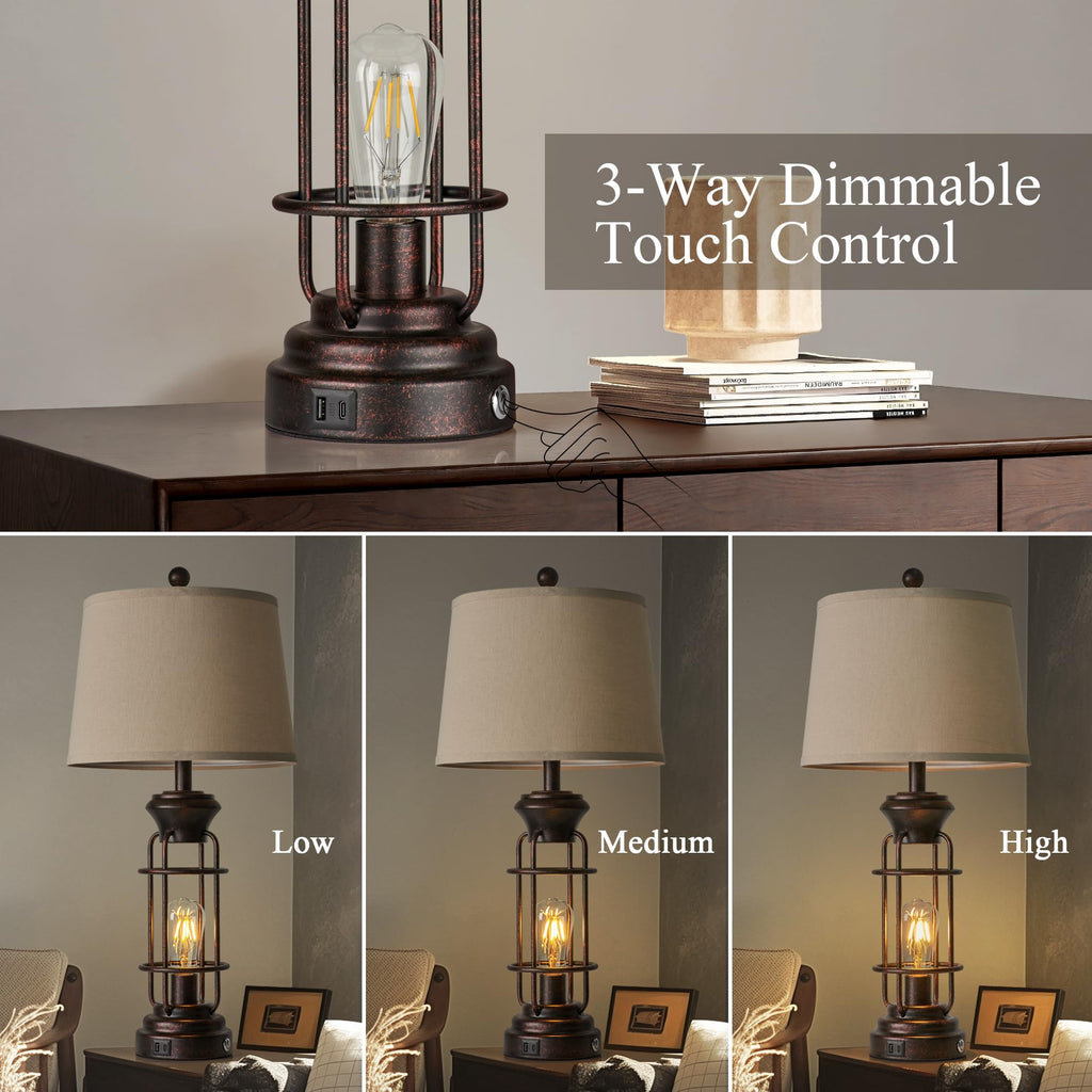 Black Table Lamps for Living Room Set of 2, 22.3" Farmhouse Lamps for Nightstand, Industrial Table Lamps for Bedroom with USB Ports, Bulbs Included
