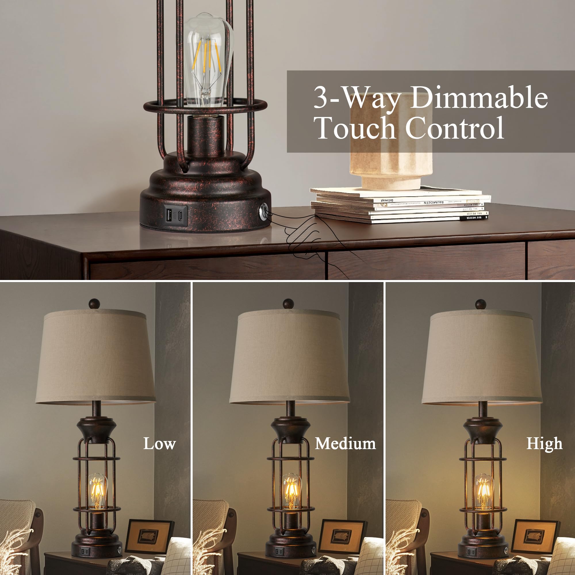 Black Table Lamps for Living Room Set of 2, 22.3" Farmhouse Lamps for Nightstand, Industrial Table Lamps for Bedroom with USB Ports, Bulbs Included