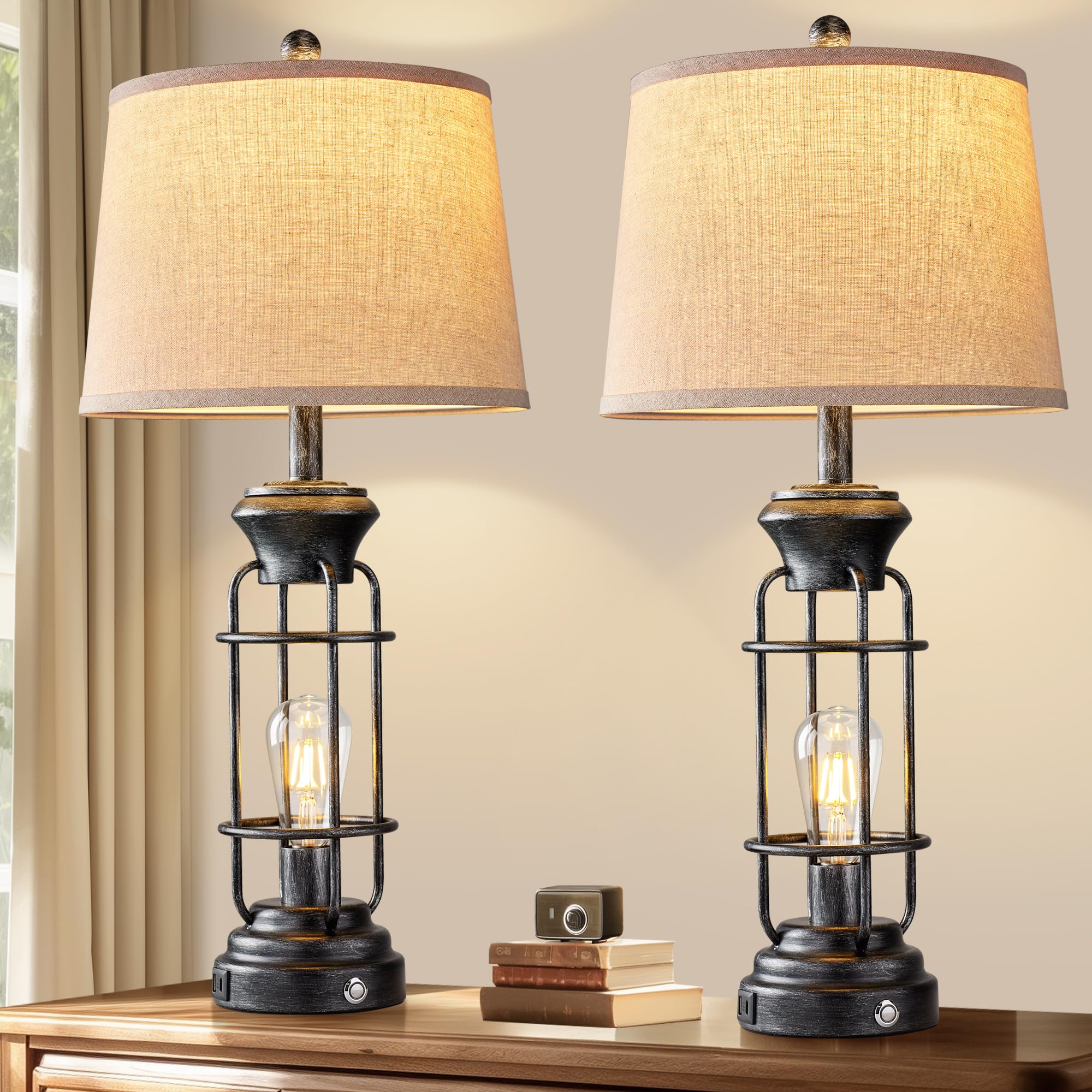 Black Table Lamps for Living Room Set of 2, 22.3" Farmhouse Lamps for Nightstand, Industrial Table Lamps for Bedroom with USB Ports, Bulbs Included