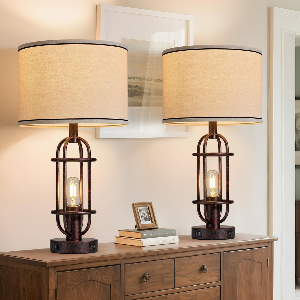 Black Table Lamps for Living Room Set of 2, 22.3" Farmhouse Lamps for Nightstand, Industrial Table Lamps for Bedroom with USB Ports, Bulbs Included