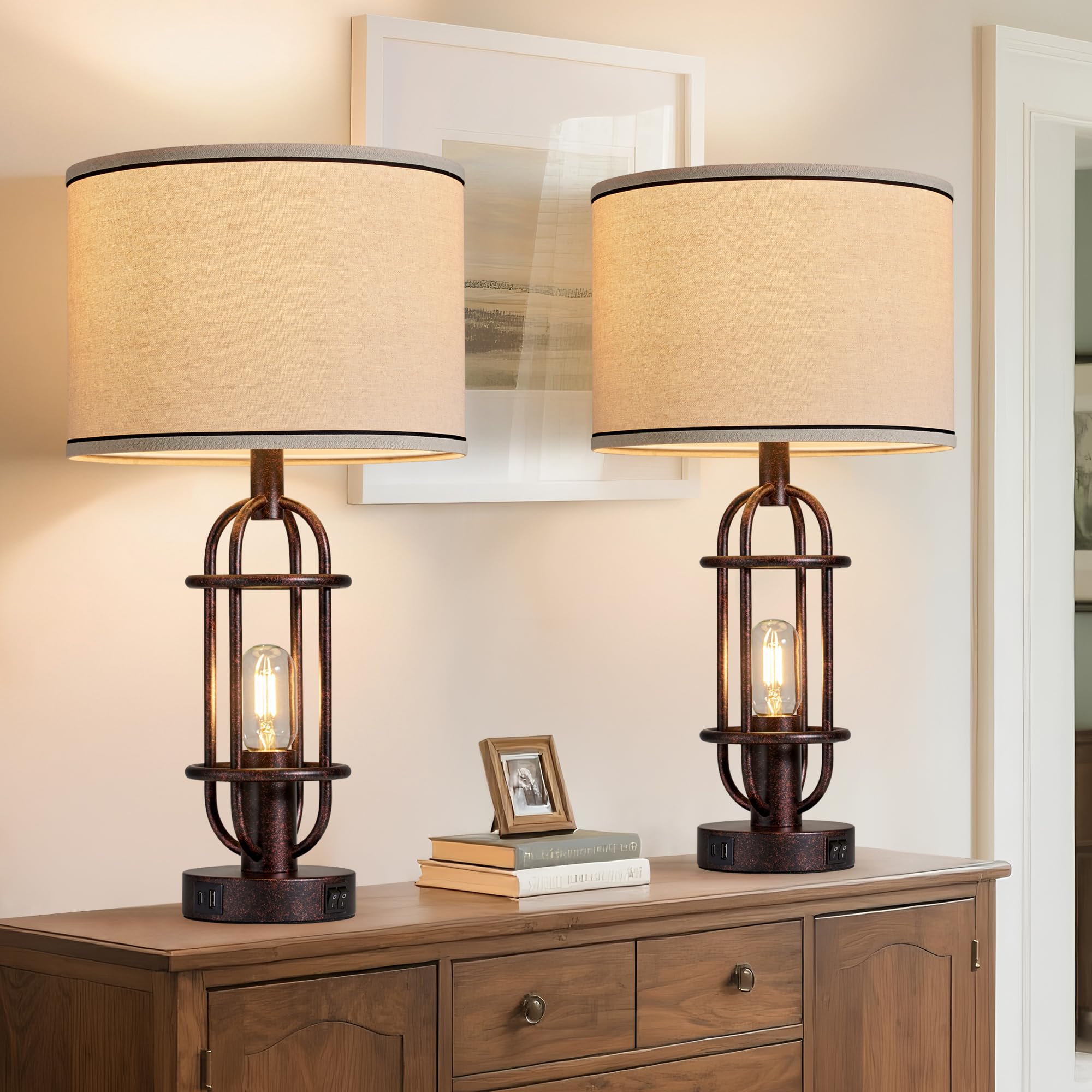Black Table Lamps for Living Room Set of 2, 22.3" Farmhouse Lamps for Nightstand, Industrial Table Lamps for Bedroom with USB Ports, Bulbs Included