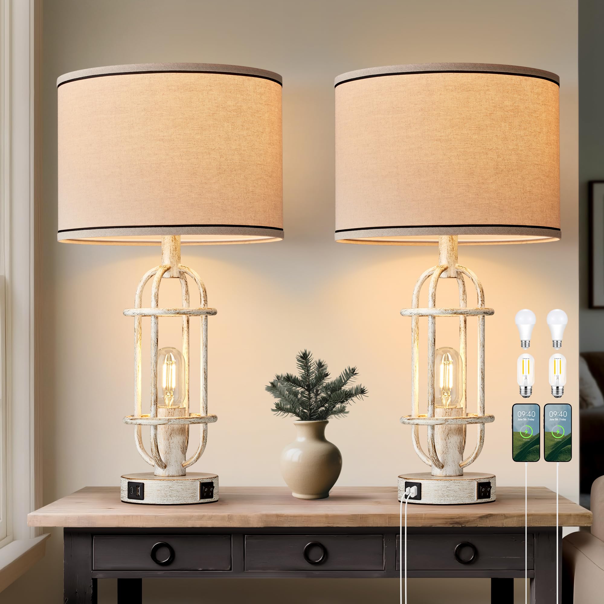 Black Table Lamps for Living Room Set of 2, 22.3" Farmhouse Lamps for Nightstand, Industrial Table Lamps for Bedroom with USB Ports, Bulbs Included