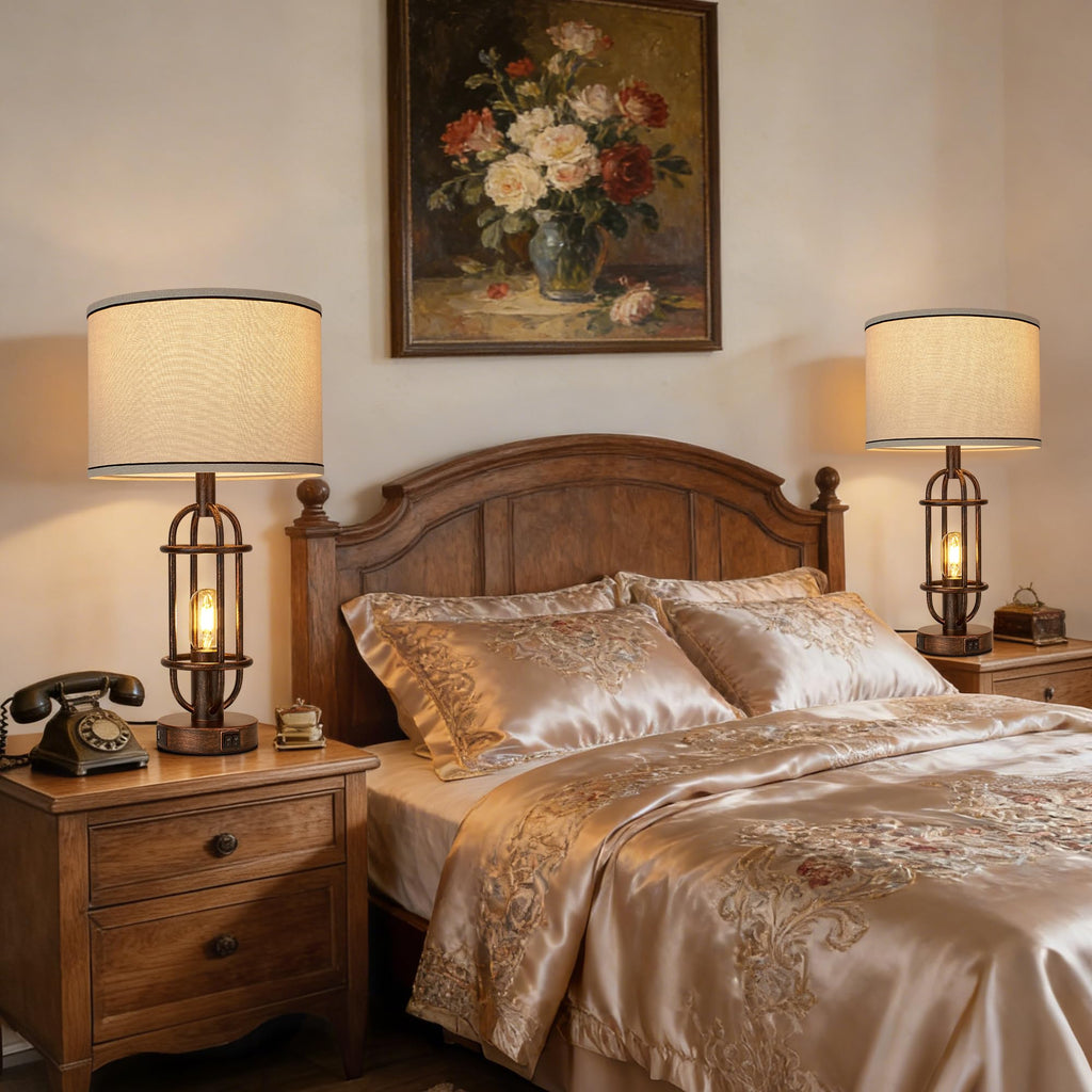 Black Table Lamps for Living Room Set of 2, 22.3" Farmhouse Lamps for Nightstand, Industrial Table Lamps for Bedroom with USB Ports, Bulbs Included