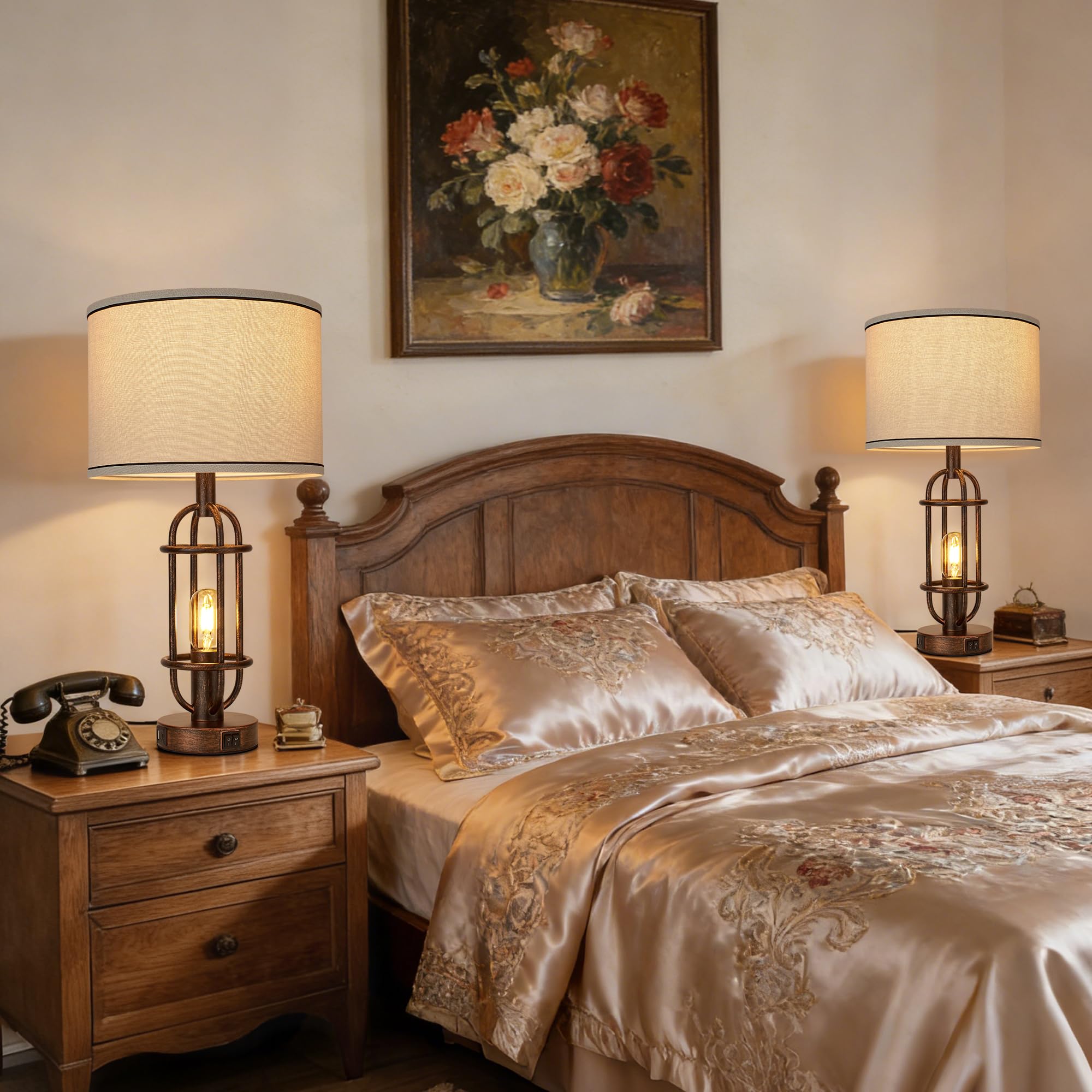 Black Table Lamps for Living Room Set of 2, 22.3" Farmhouse Lamps for Nightstand, Industrial Table Lamps for Bedroom with USB Ports, Bulbs Included