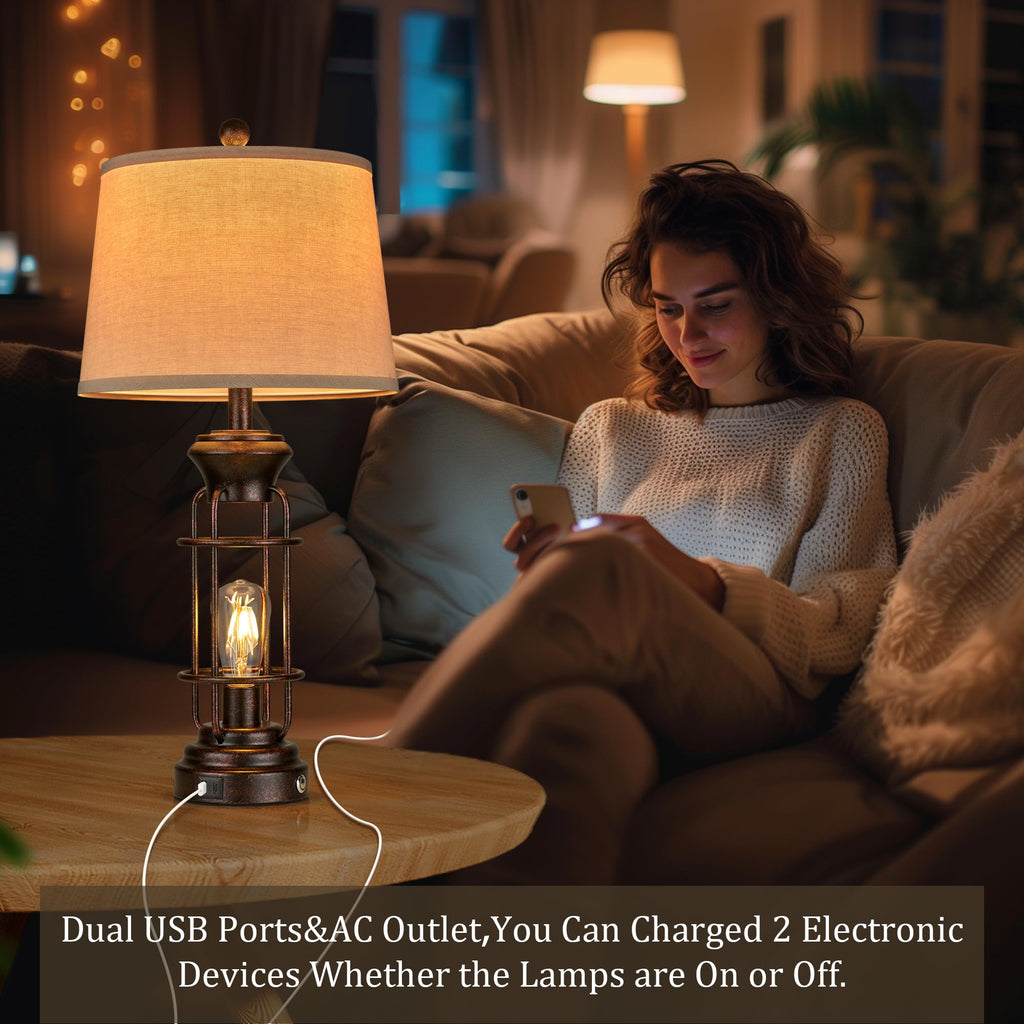 Black Table Lamps for Living Room Set of 2, 22.3" Farmhouse Lamps for Nightstand, Industrial Table Lamps for Bedroom with USB Ports, Bulbs Included