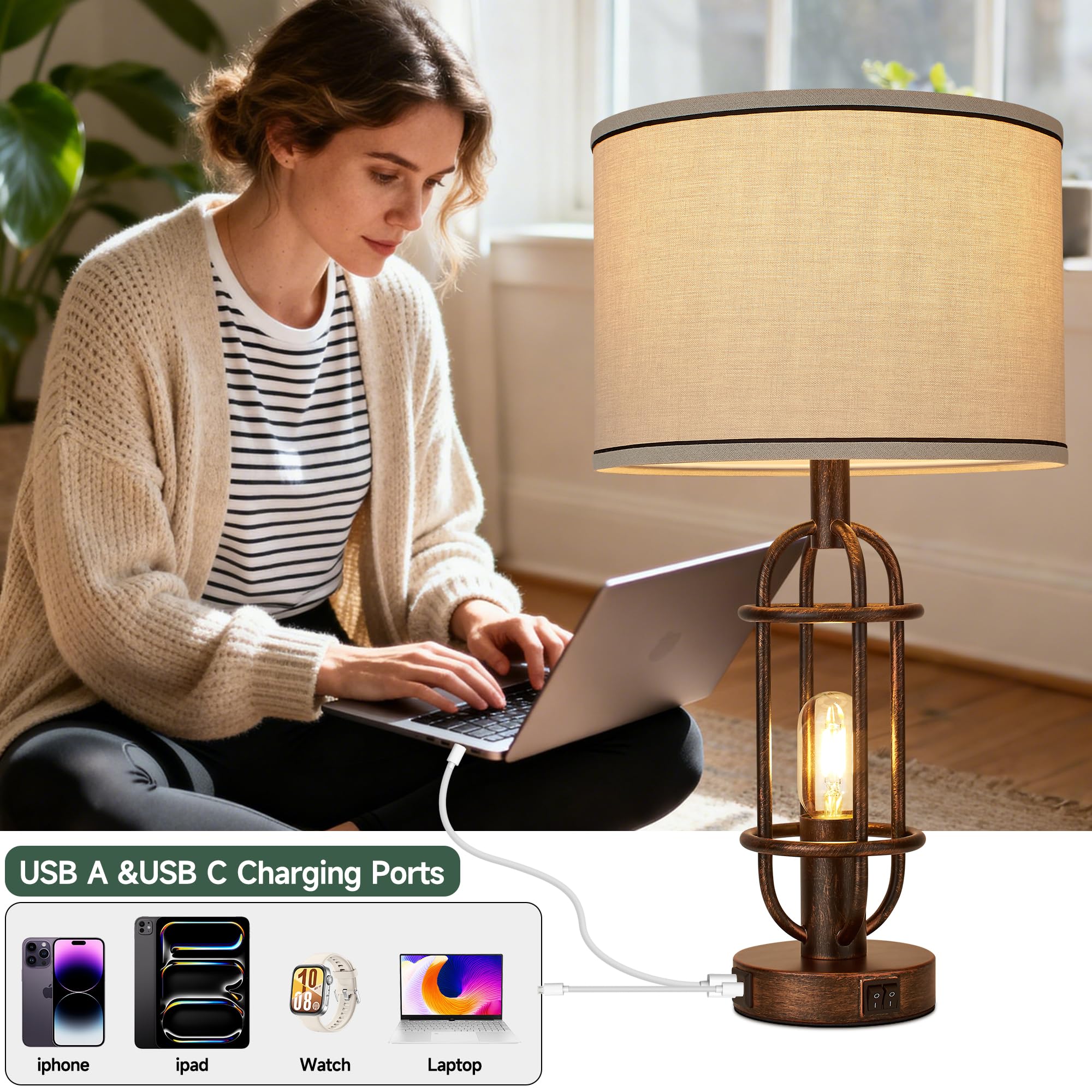 Black Table Lamps for Living Room Set of 2, 22.3" Farmhouse Lamps for Nightstand, Industrial Table Lamps for Bedroom with USB Ports, Bulbs Included