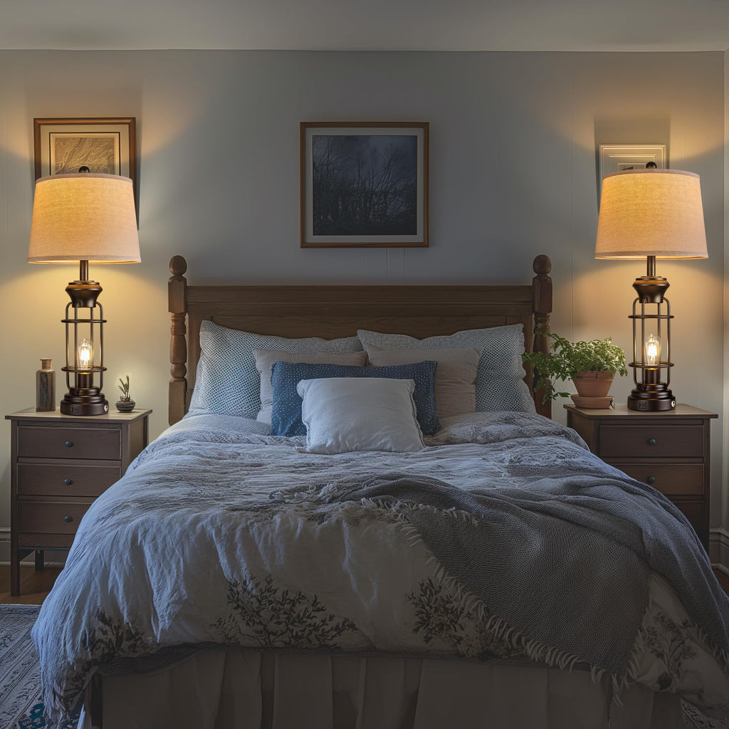 Black Table Lamps for Living Room Set of 2, 22.3" Farmhouse Lamps for Nightstand, Industrial Table Lamps for Bedroom with USB Ports, Bulbs Included