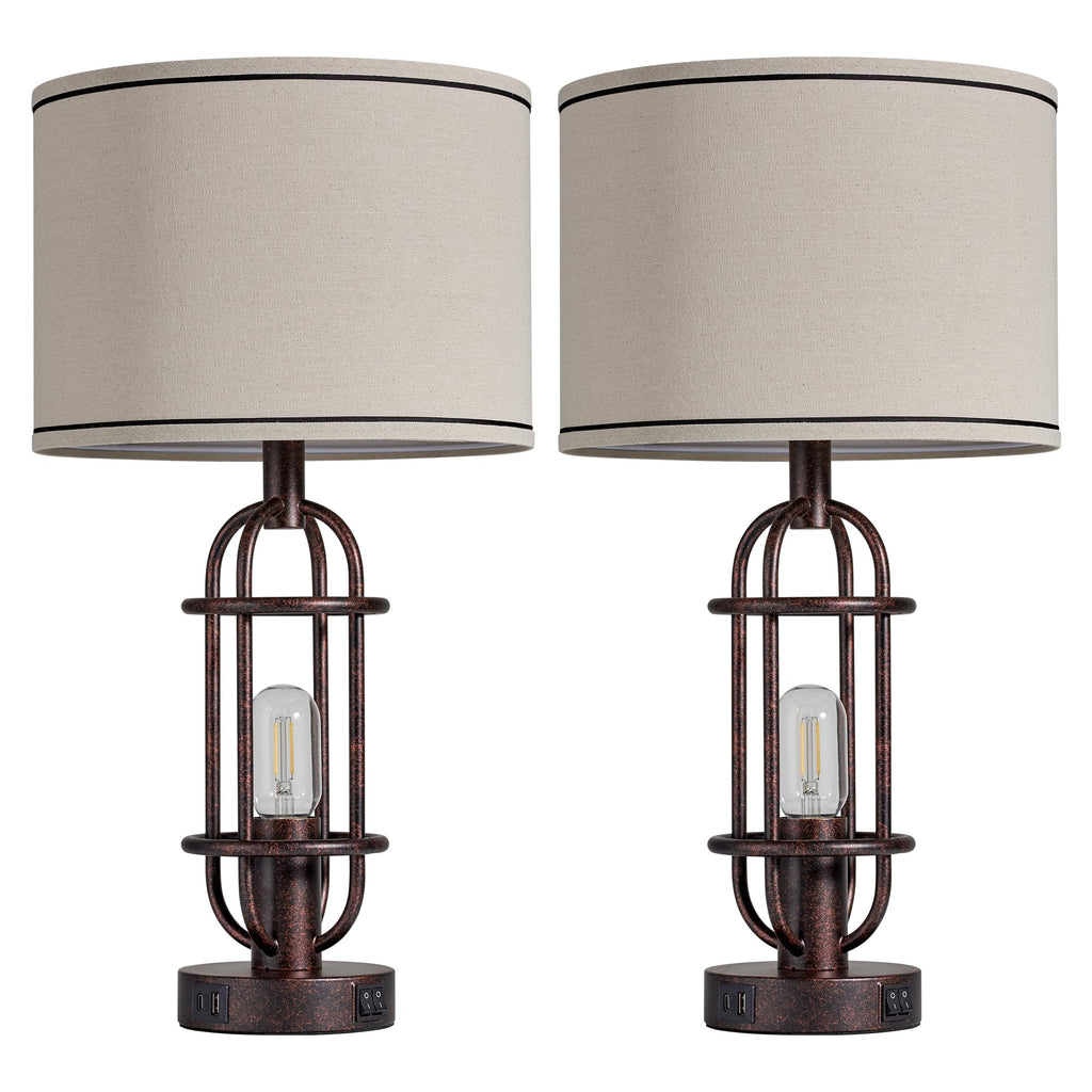 Black Table Lamps for Living Room Set of 2, 22.3" Farmhouse Lamps for Nightstand, Industrial Table Lamps for Bedroom with USB Ports, Bulbs Included