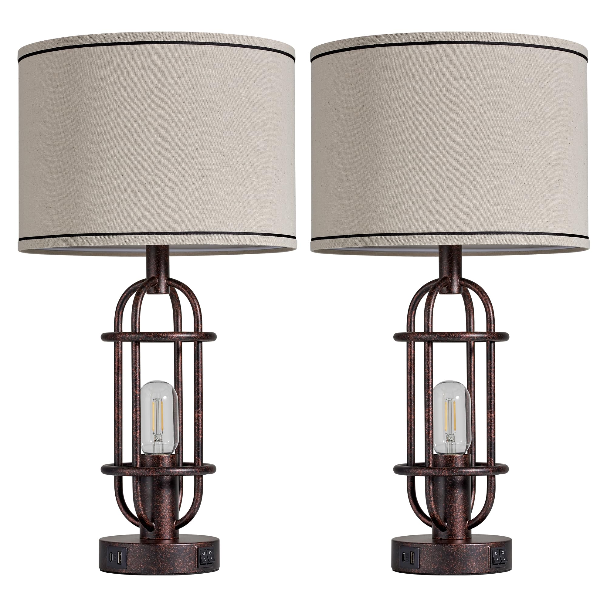 Black Table Lamps for Living Room Set of 2, 22.3" Farmhouse Lamps for Nightstand, Industrial Table Lamps for Bedroom with USB Ports, Bulbs Included