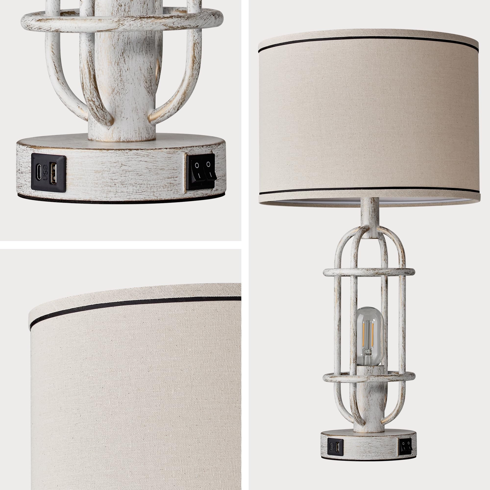 Black Table Lamps for Living Room Set of 2, 22.3" Farmhouse Lamps for Nightstand, Industrial Table Lamps for Bedroom with USB Ports, Bulbs Included