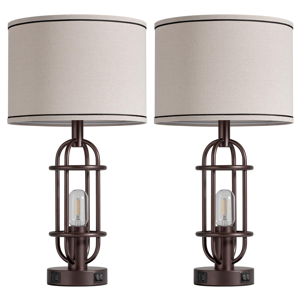 Black Table Lamps for Living Room Set of 2, 22.3" Farmhouse Lamps for Nightstand, Industrial Table Lamps for Bedroom with USB Ports, Bulbs Included