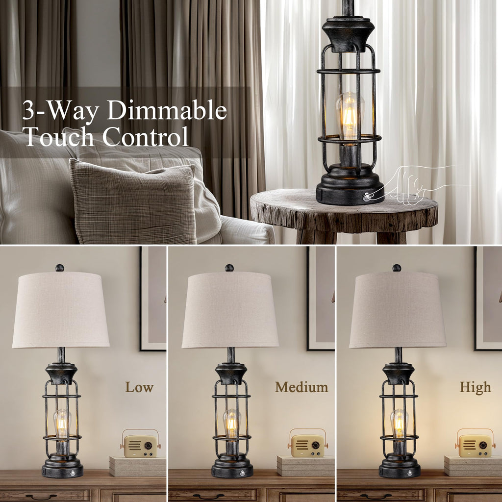 Black Table Lamps for Living Room Set of 2, 22.3" Farmhouse Lamps for Nightstand, Industrial Table Lamps for Bedroom with USB Ports, Bulbs Included