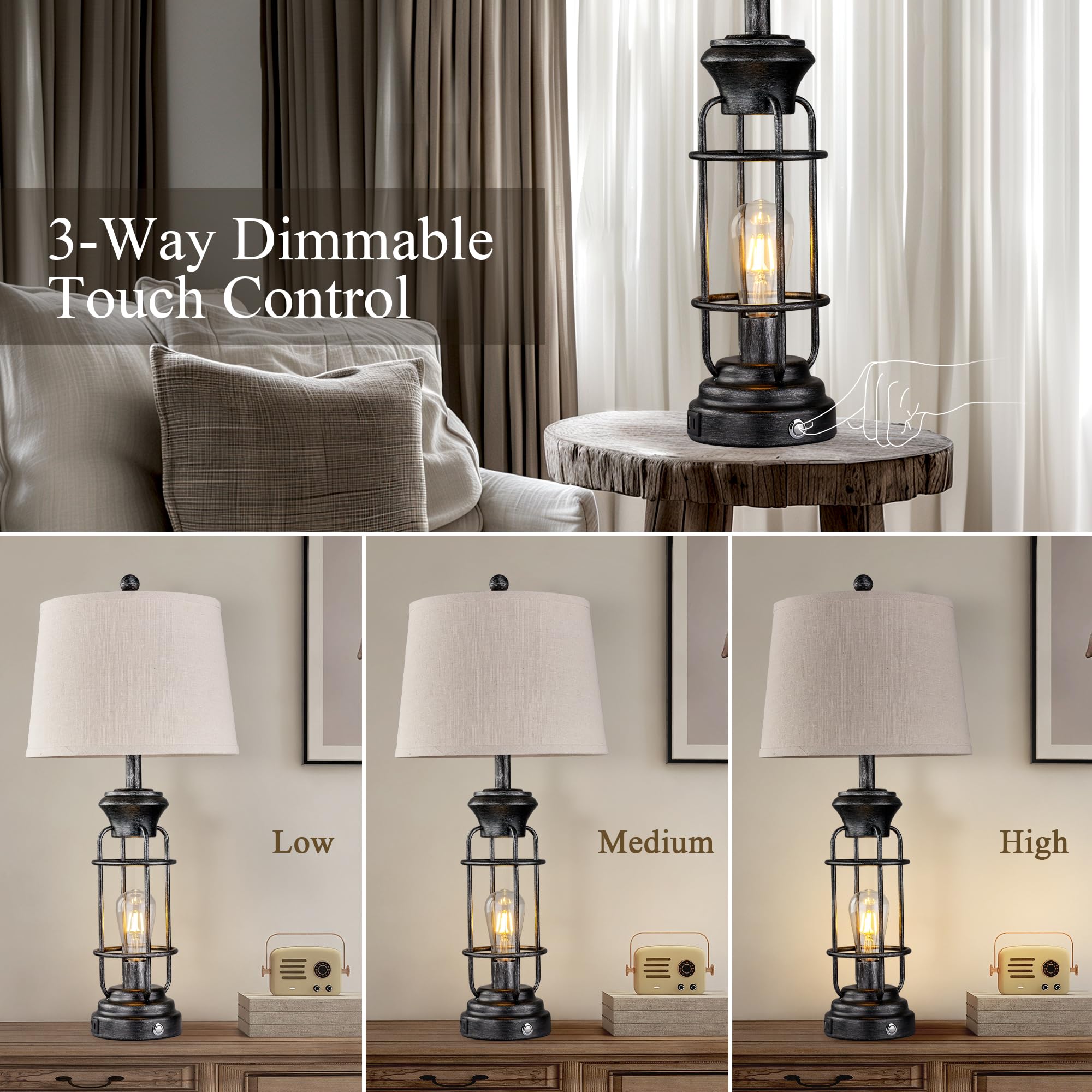 Black Table Lamps for Living Room Set of 2, 22.3" Farmhouse Lamps for Nightstand, Industrial Table Lamps for Bedroom with USB Ports, Bulbs Included
