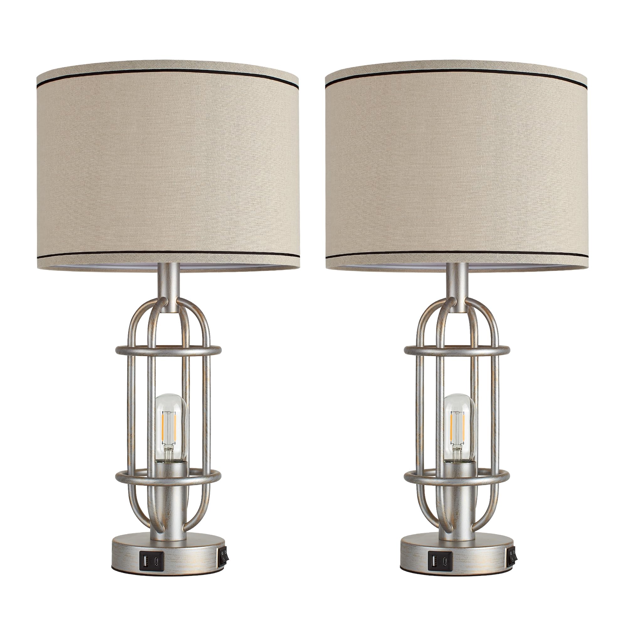 Black Table Lamps for Living Room Set of 2, 22.3" Farmhouse Lamps for Nightstand, Industrial Table Lamps for Bedroom with USB Ports, Bulbs Included