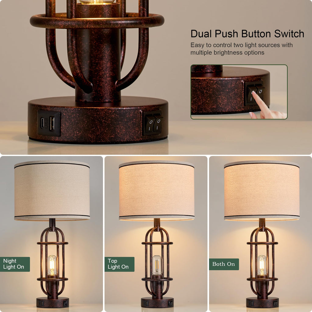 Black Table Lamps for Living Room Set of 2, 22.3" Farmhouse Lamps for Nightstand, Industrial Table Lamps for Bedroom with USB Ports, Bulbs Included