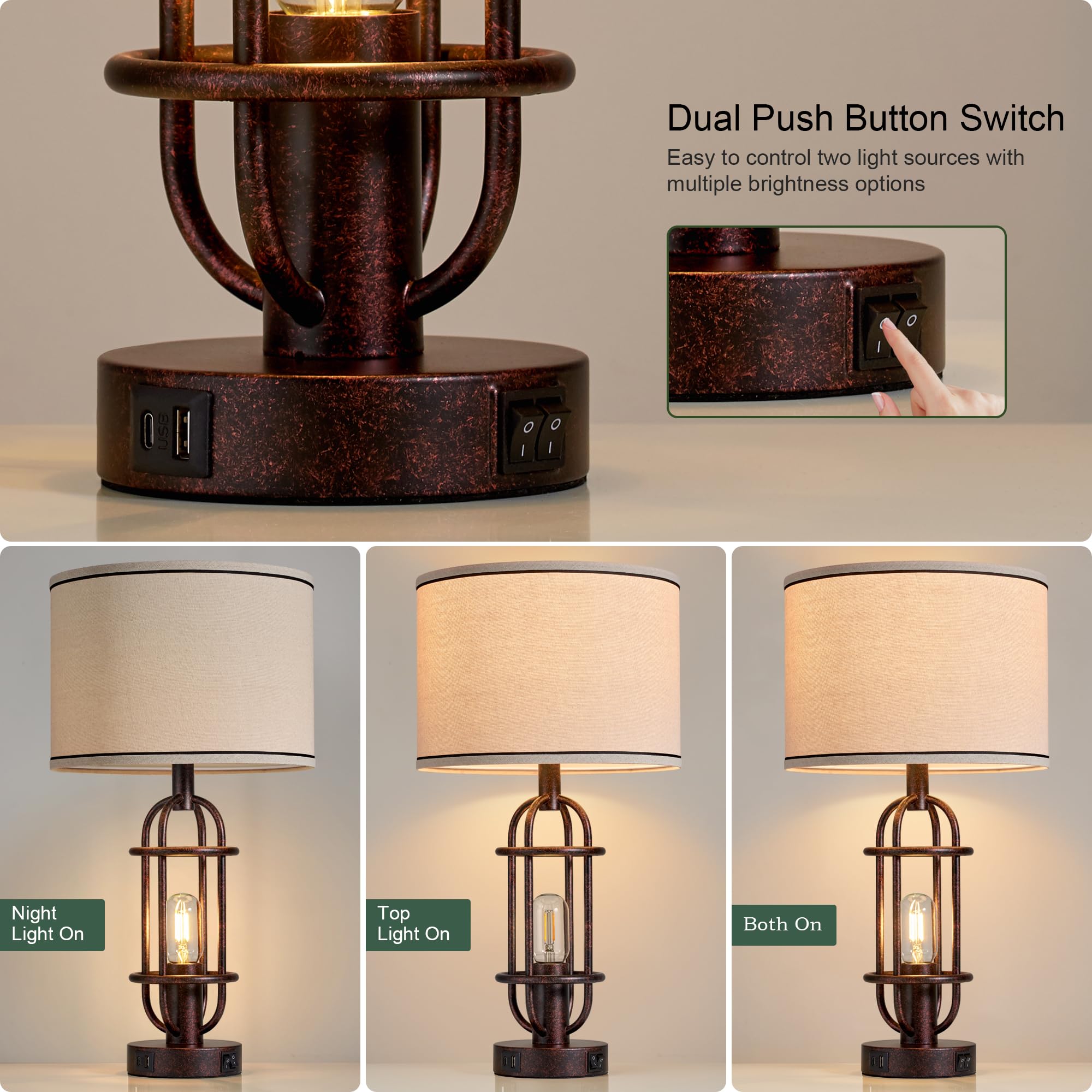 Black Table Lamps for Living Room Set of 2, 22.3" Farmhouse Lamps for Nightstand, Industrial Table Lamps for Bedroom with USB Ports, Bulbs Included