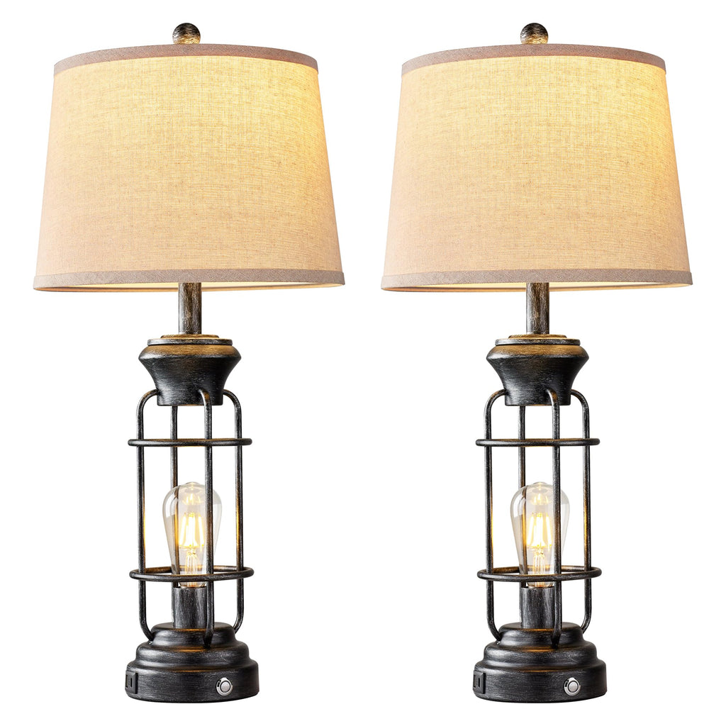 Black Table Lamps for Living Room Set of 2, 22.3" Farmhouse Lamps for Nightstand, Industrial Table Lamps for Bedroom with USB Ports, Bulbs Included