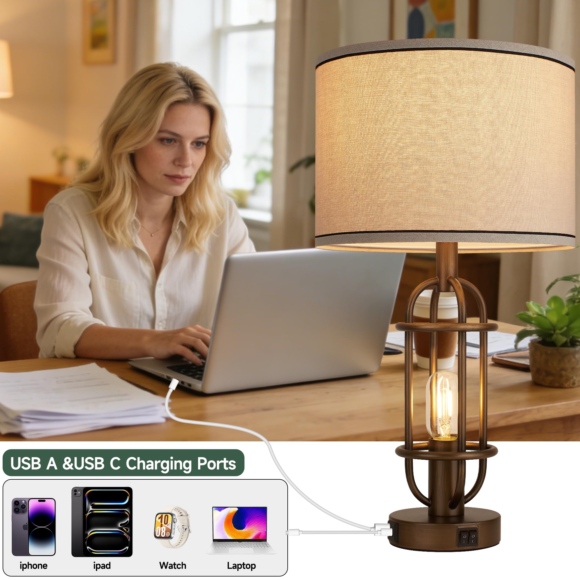 Black Table Lamps for Living Room Set of 2, 22.3" Farmhouse Lamps for Nightstand, Industrial Table Lamps for Bedroom with USB Ports, Bulbs Included