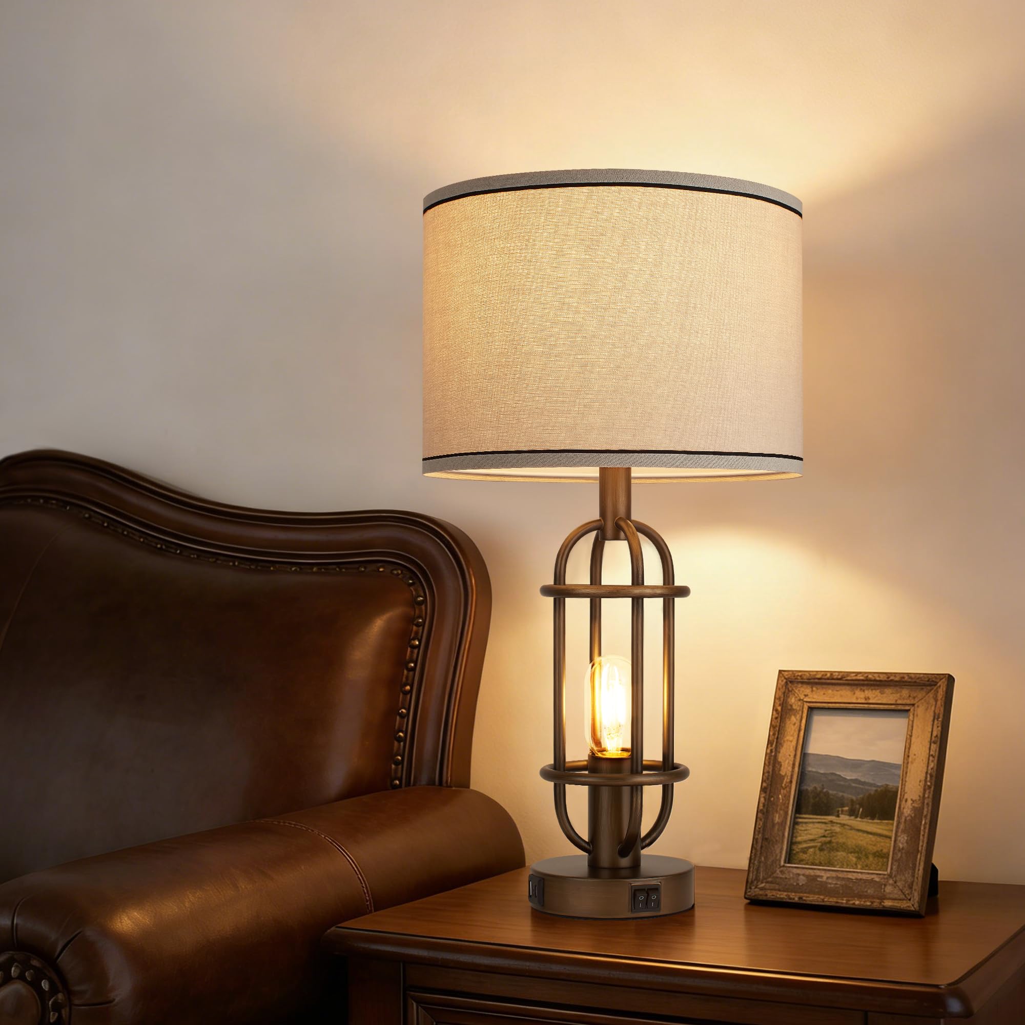 Black Table Lamps for Living Room Set of 2, 22.3" Farmhouse Lamps for Nightstand, Industrial Table Lamps for Bedroom with USB Ports, Bulbs Included
