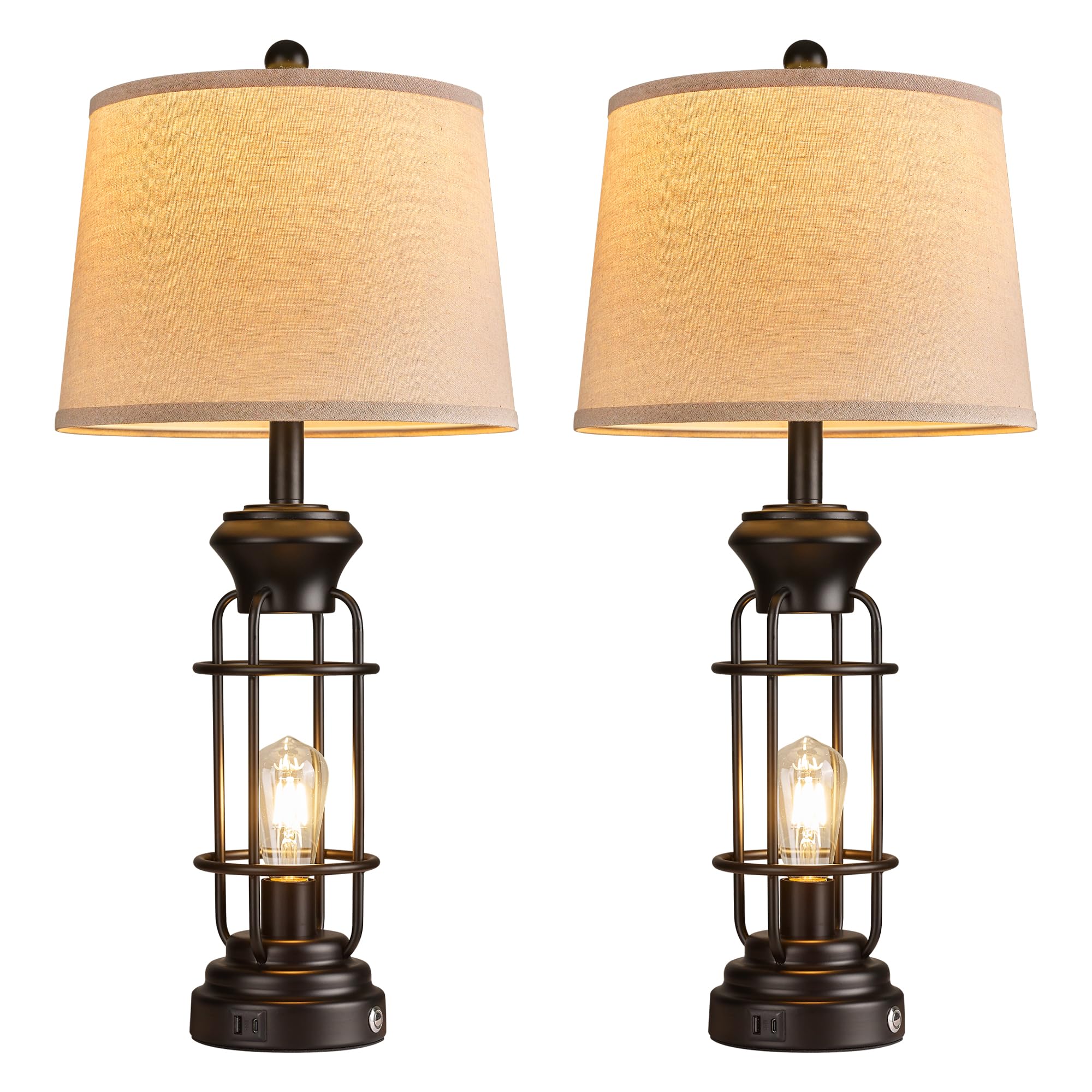 Black Table Lamps for Living Room Set of 2, 22.3" Farmhouse Lamps for Nightstand, Industrial Table Lamps for Bedroom with USB Ports, Bulbs Included