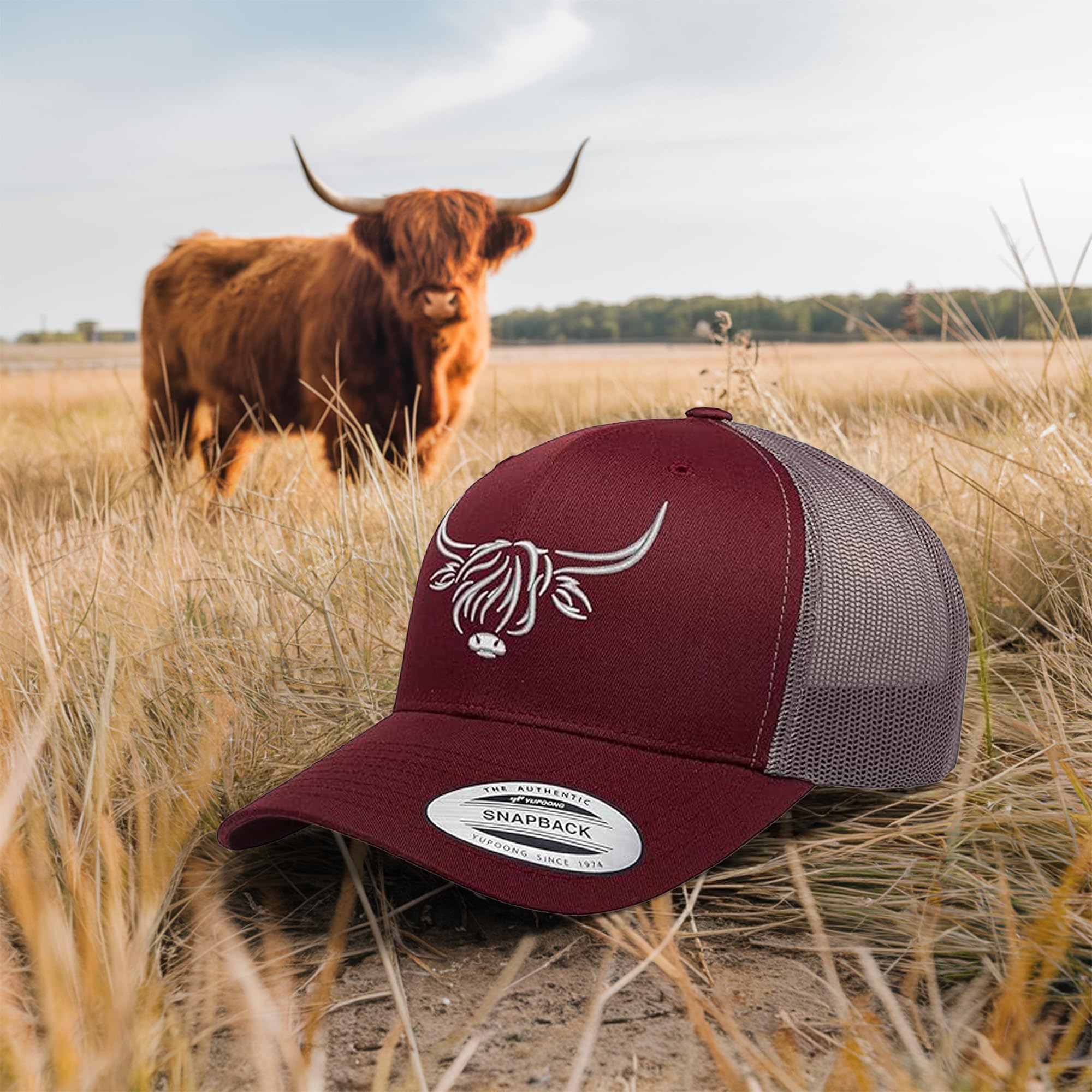 Country Baseball Hat for Men & Women, Embroidered Longhorn Cow Trucker Hat, Adjustable Mesh Snapback Cap