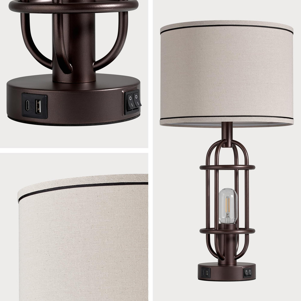 Black Table Lamps for Living Room Set of 2, 22.3" Farmhouse Lamps for Nightstand, Industrial Table Lamps for Bedroom with USB Ports, Bulbs Included