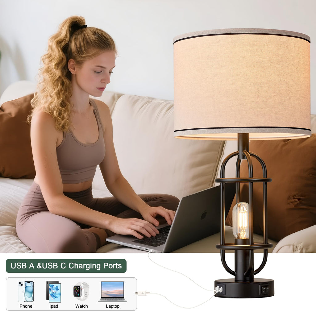 Black Table Lamps for Living Room Set of 2, 22.3" Farmhouse Lamps for Nightstand, Industrial Table Lamps for Bedroom with USB Ports, Bulbs Included