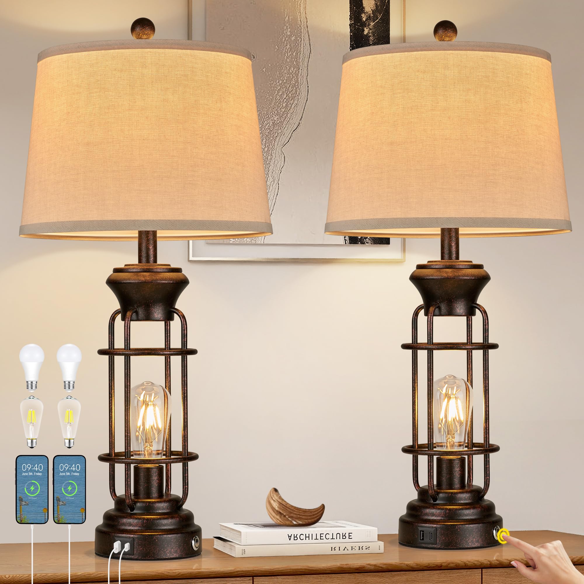 Black Table Lamps for Living Room Set of 2, 22.3" Farmhouse Lamps for Nightstand, Industrial Table Lamps for Bedroom with USB Ports, Bulbs Included